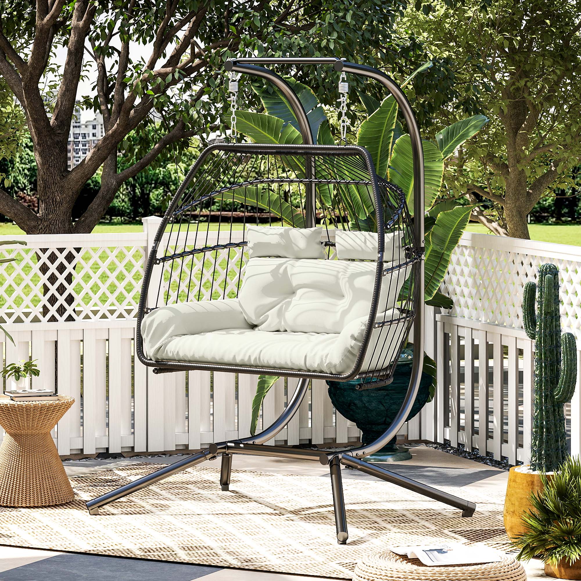 Aosom Double Wicker Egg Swing Chair Foldable Cream-DECOROLALA