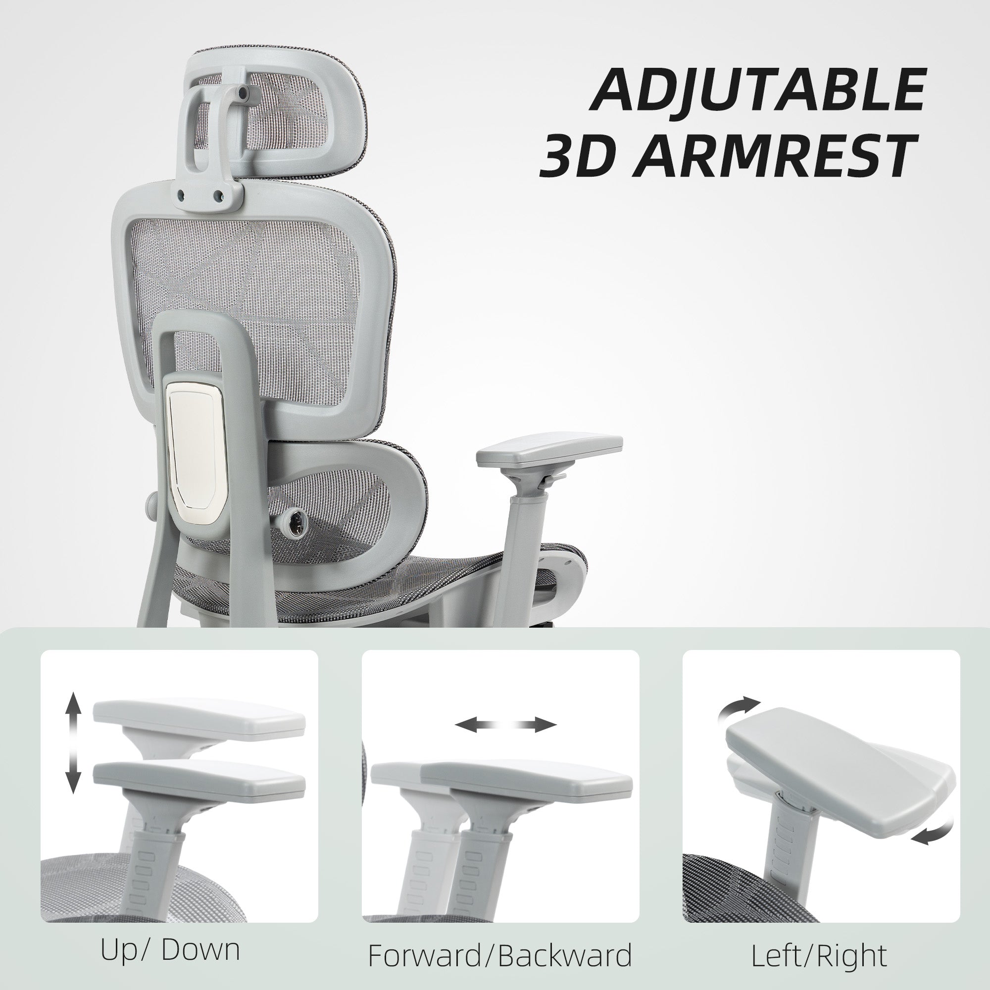 Ergonomic Office Chair with Lumbar Support, Mesh Office Chair with 3D Armrest, 135¬∞ Reclining, Adjustable Headrest, Grey-Office Products > Office Furniture > Office Chairs > Task Chairs-DECOROLALA