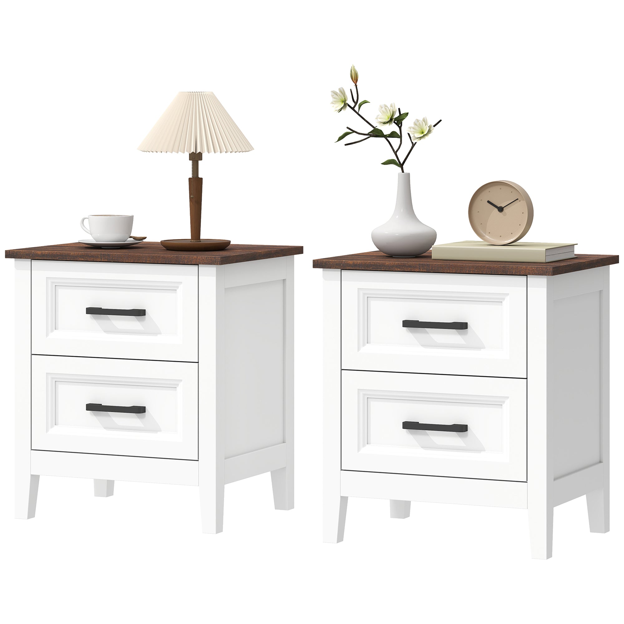 Aosom Farmhouse Nightstand Set of 2 - White with Wood-Effect Top-Home Furnishings > Bedroom Furniture > Bedside Tables-DECOROLALA