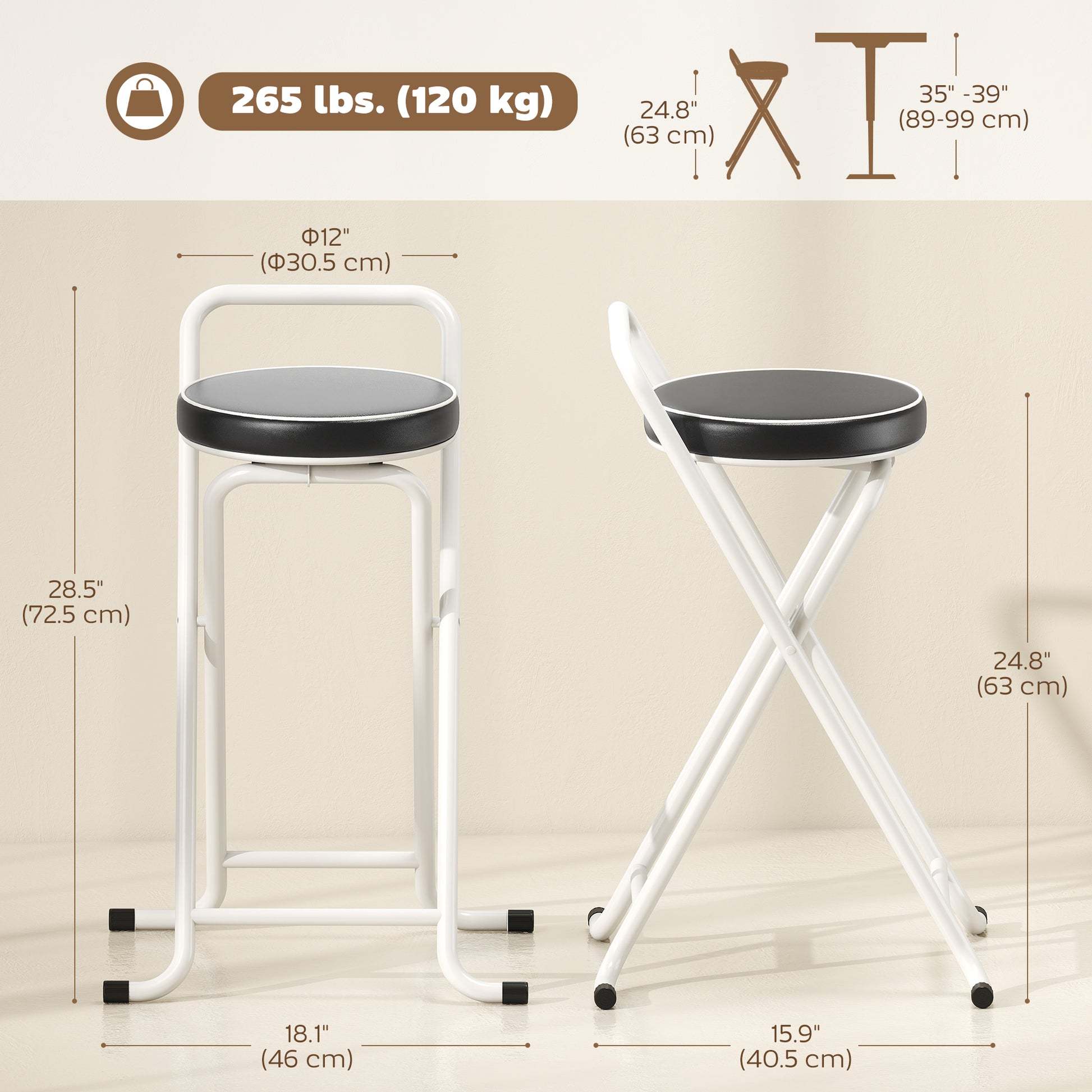Aosom Foldable Bar Stools Set of 2 - 25" Black PU Leather Stools-Home Furnishings > Kitchen & Dining Furniture > Bar Stools-DECOROLALA