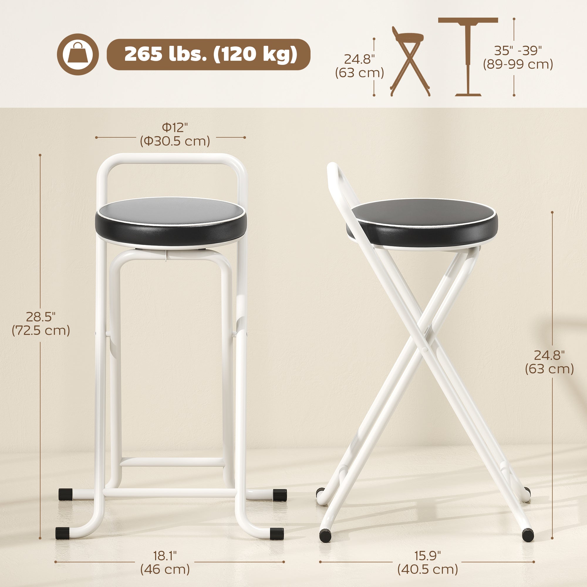Aosom Foldable Bar Stools Set of 2 - 25" Black PU Leather Stools-Home Furnishings > Kitchen & Dining Furniture > Bar Stools-DECOROLALA