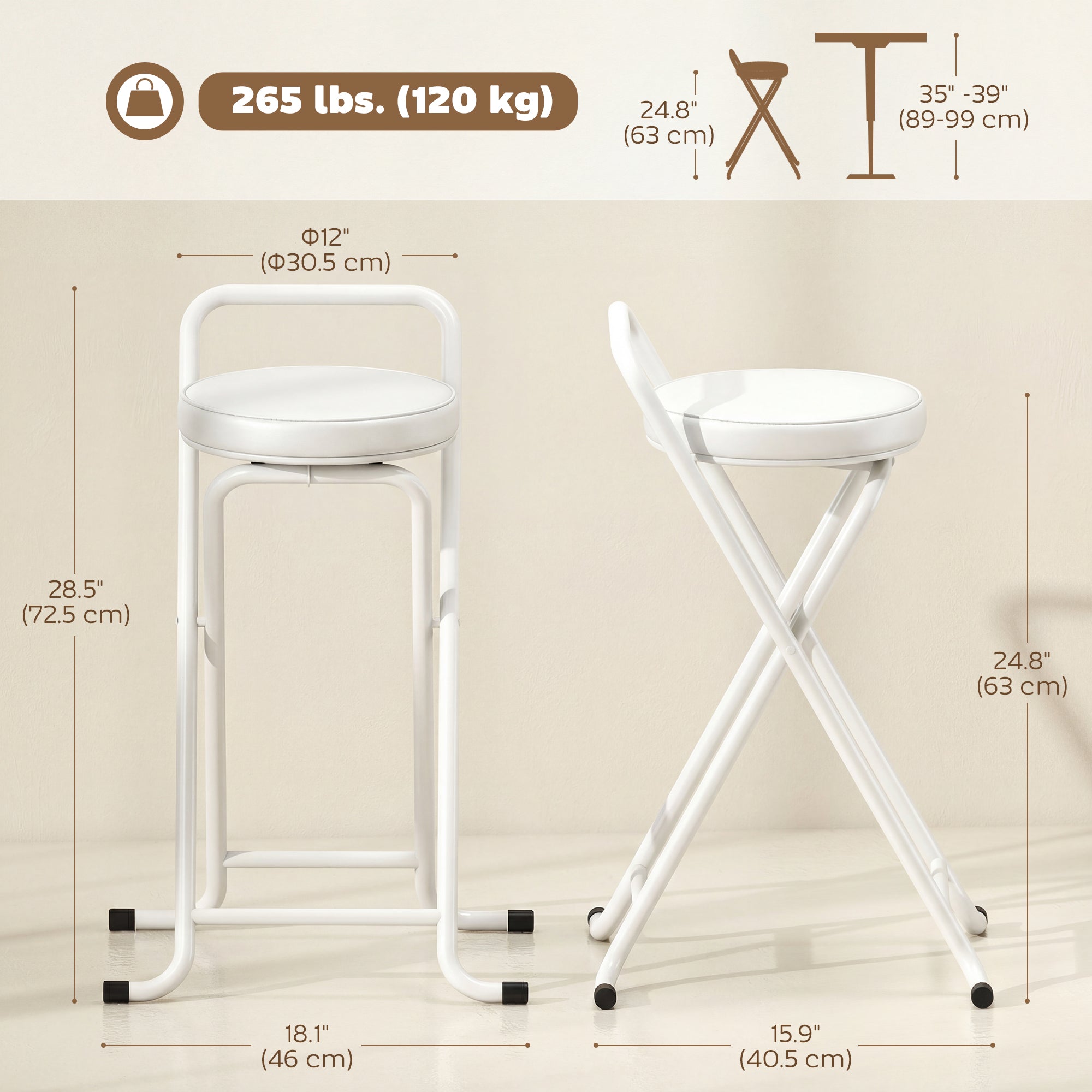 Aosom Foldable Bar Stools Set of 2 - White PU Leather 25" H-Home Furnishings > Kitchen & Dining Furniture > Bar Stools-DECOROLALA