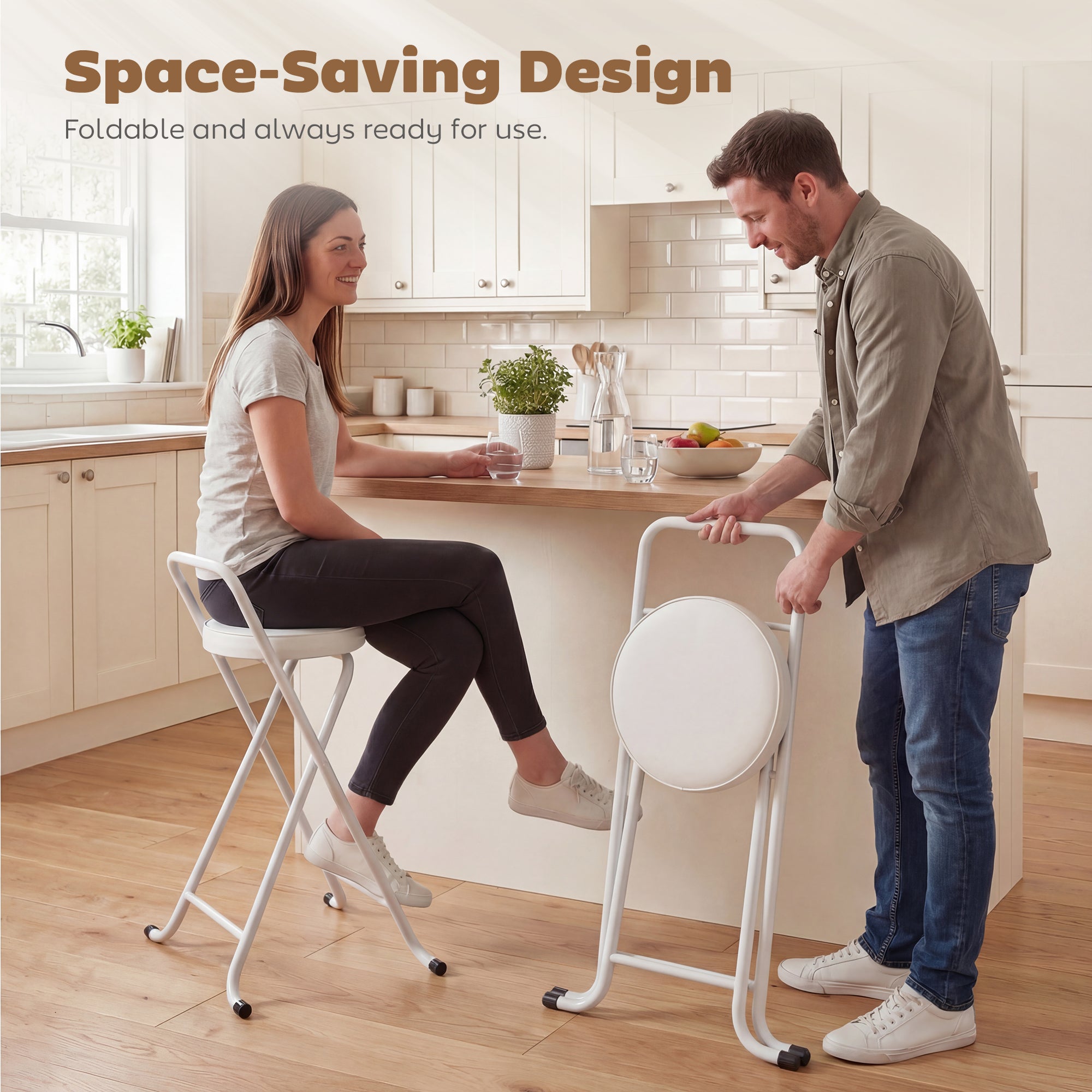 Aosom Foldable Bar Stools Set of 2 - White PU Leather 25" H-Home Furnishings > Kitchen & Dining Furniture > Bar Stools-DECOROLALA