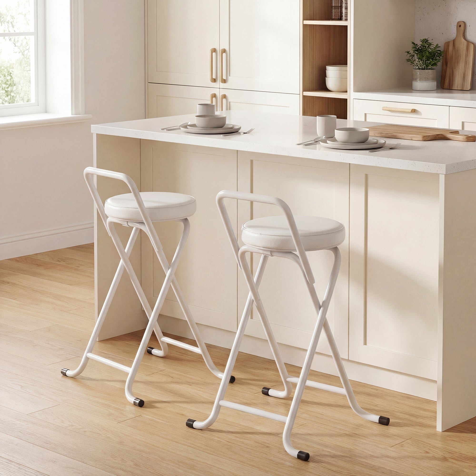 Aosom Foldable Bar Stools Set of 2 - White PU Leather 25" H-Home Furnishings > Kitchen & Dining Furniture > Bar Stools-DECOROLALA