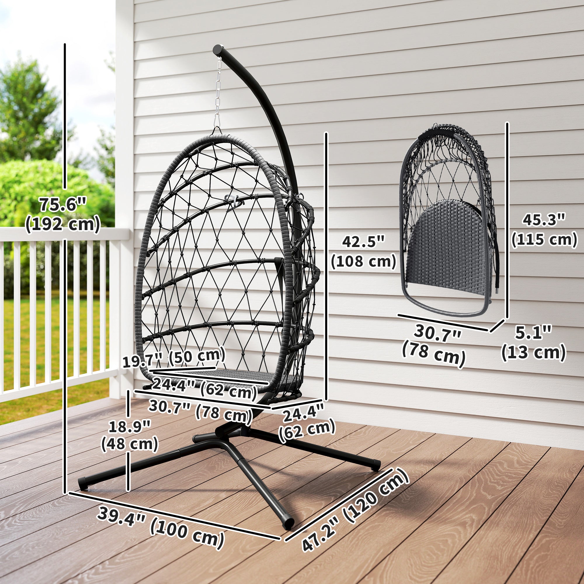 Aosom Foldable Hanging Egg Chair with Stand - Grey Rattan-DECOROLALA