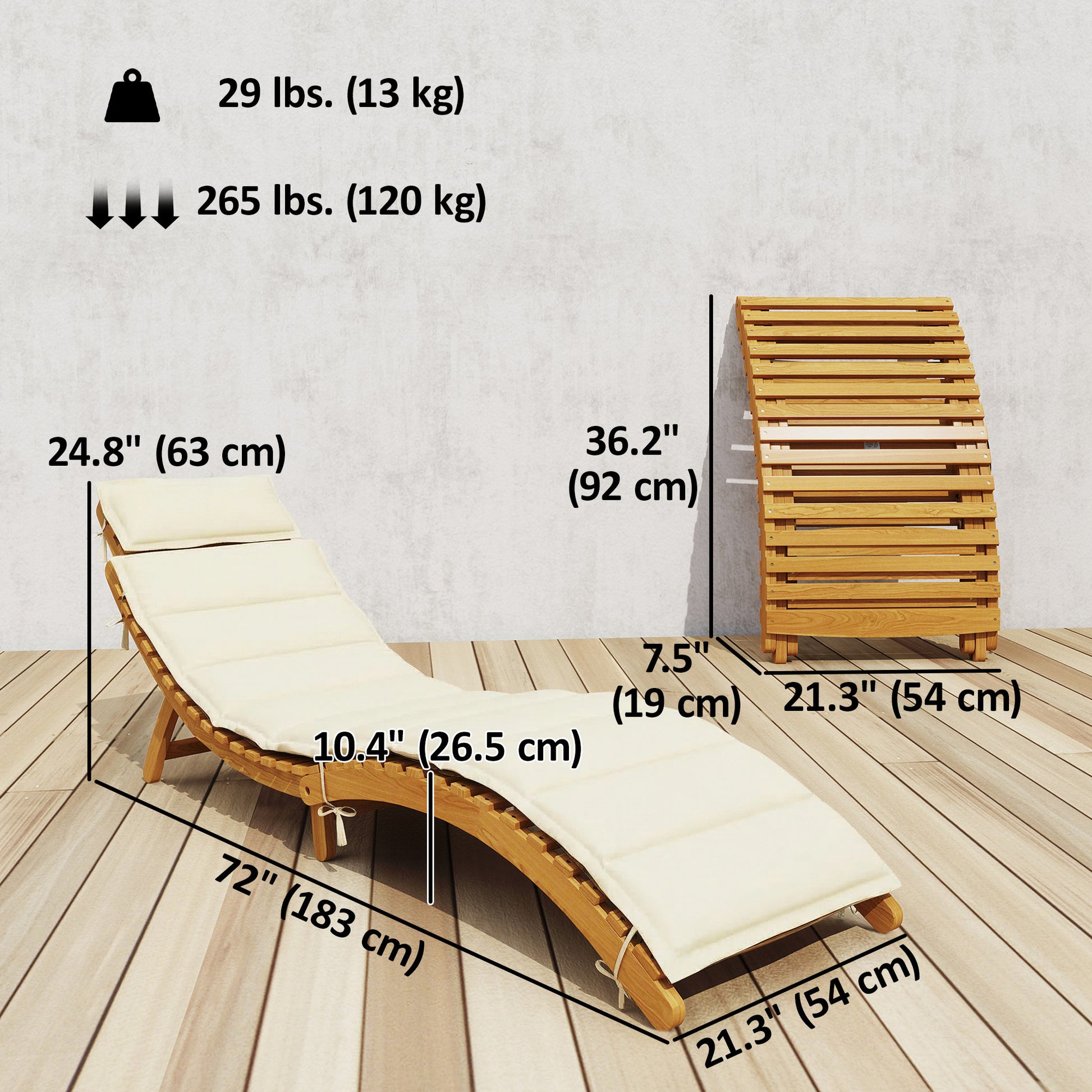 Aosom Folding Chaise Lounge Chair - Acacia Wood Cream-DECOROLALA