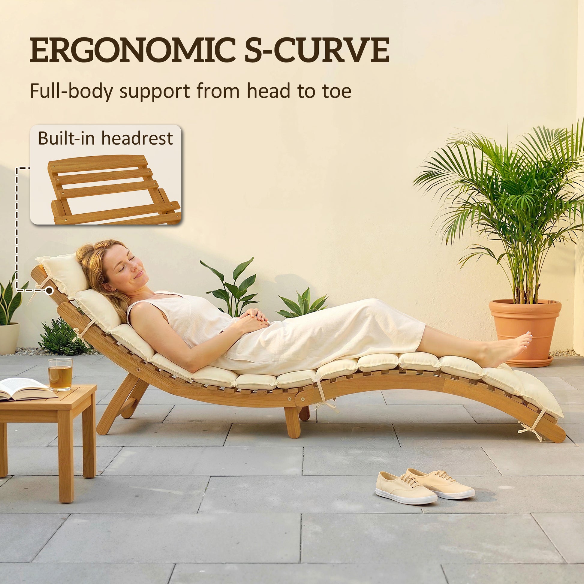 Aosom Folding Chaise Lounge Chair - Acacia Wood Cream-DECOROLALA