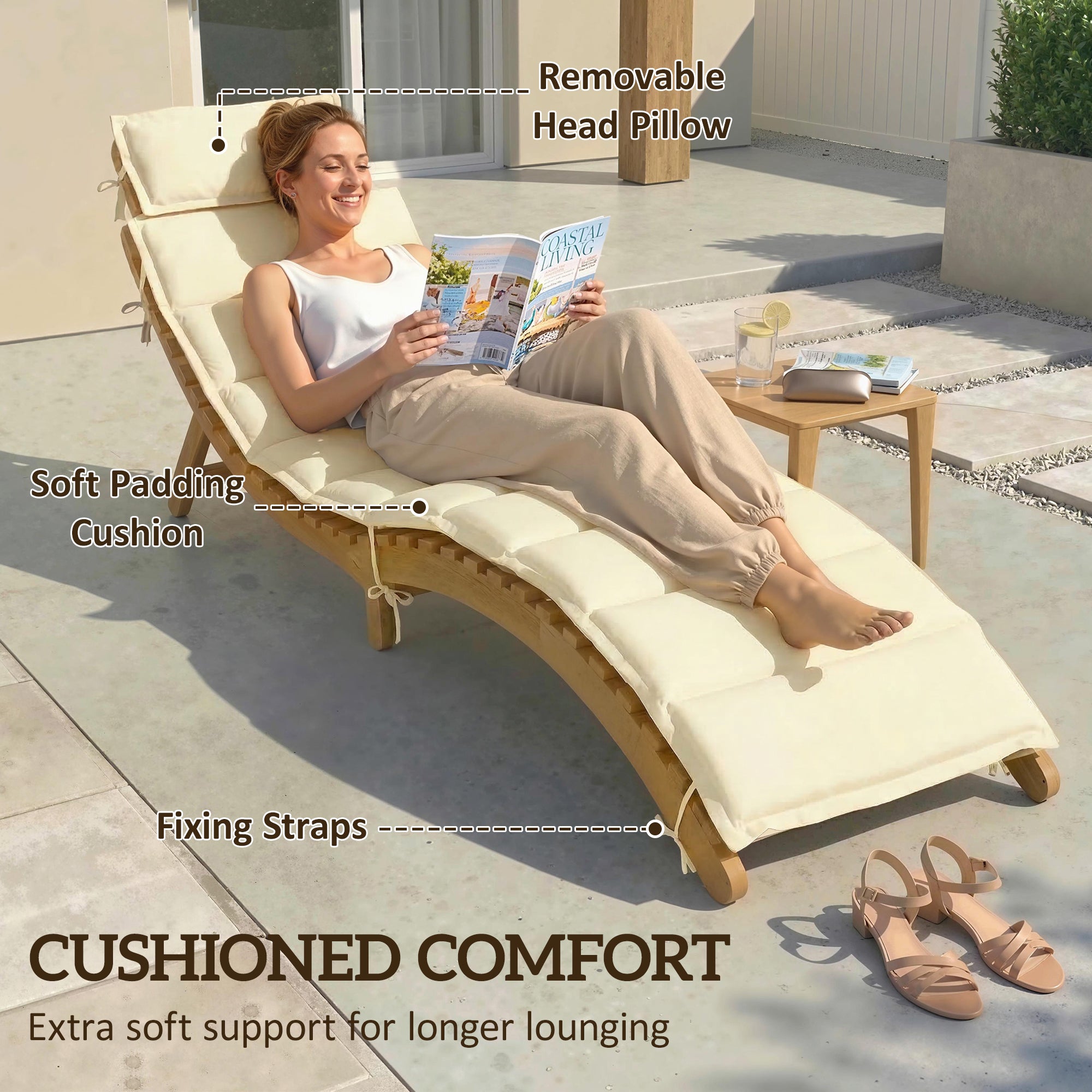 Aosom Folding Chaise Lounge Chair - Acacia Wood Cream-DECOROLALA