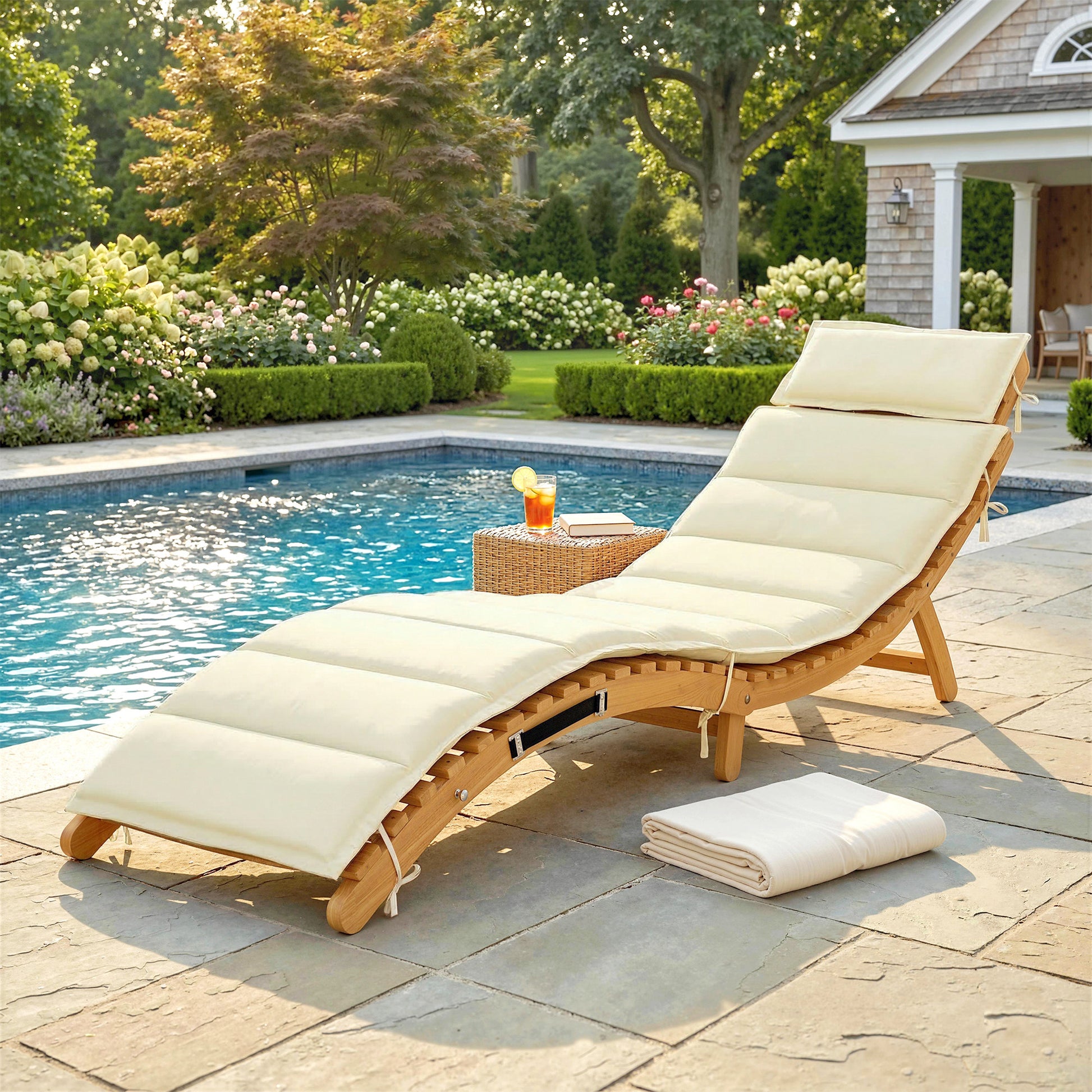 Aosom Folding Chaise Lounge Chair - Acacia Wood Cream-DECOROLALA
