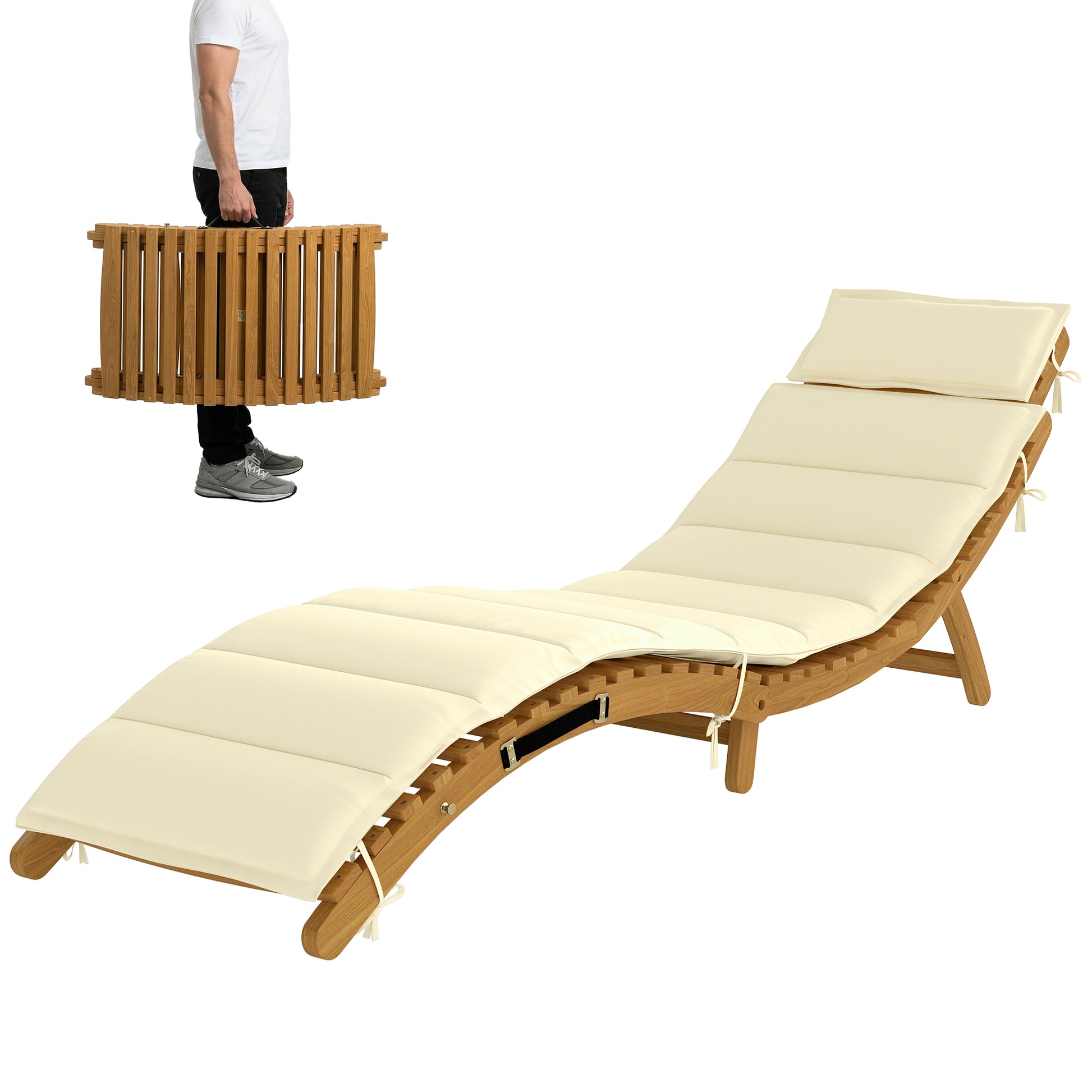 Aosom Folding Chaise Lounge Chair - Acacia Wood Cream-DECOROLALA