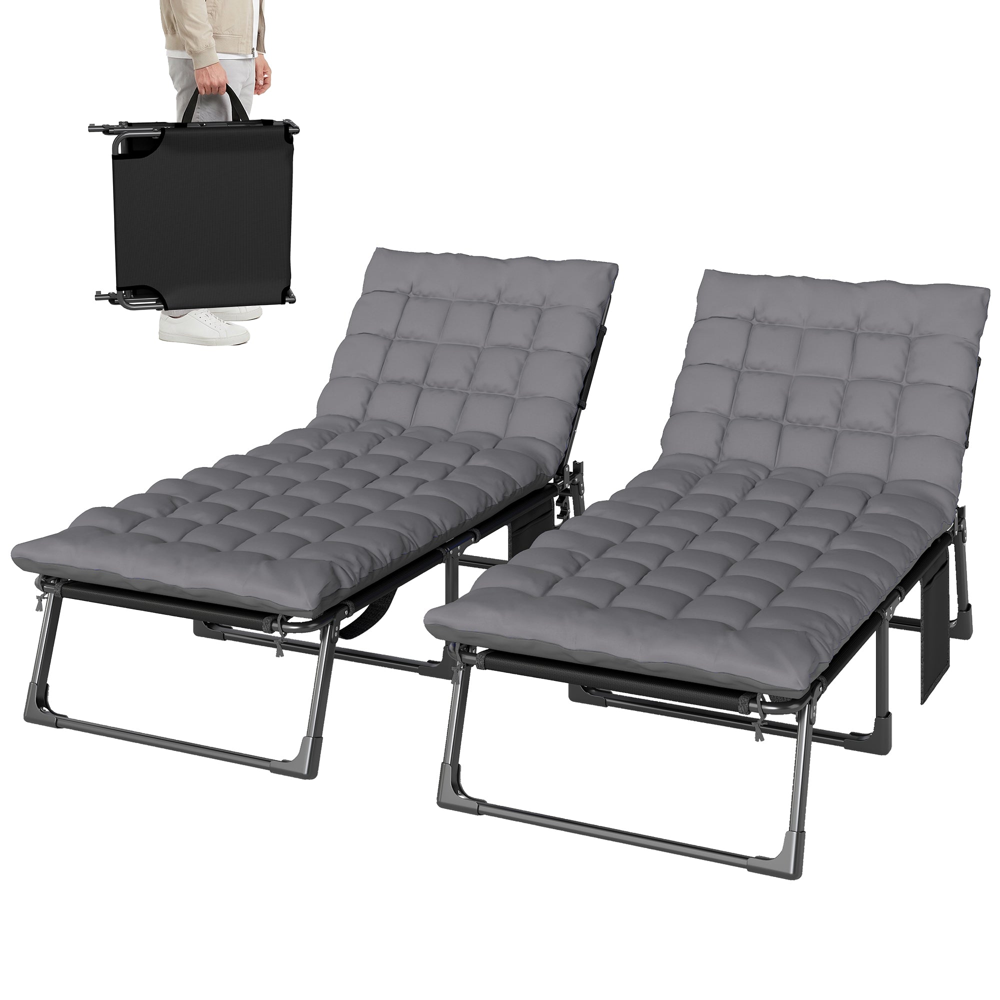 Aosom Folding Chaise Lounge Chair Set of 2 - Dark Grey-DECOROLALA
