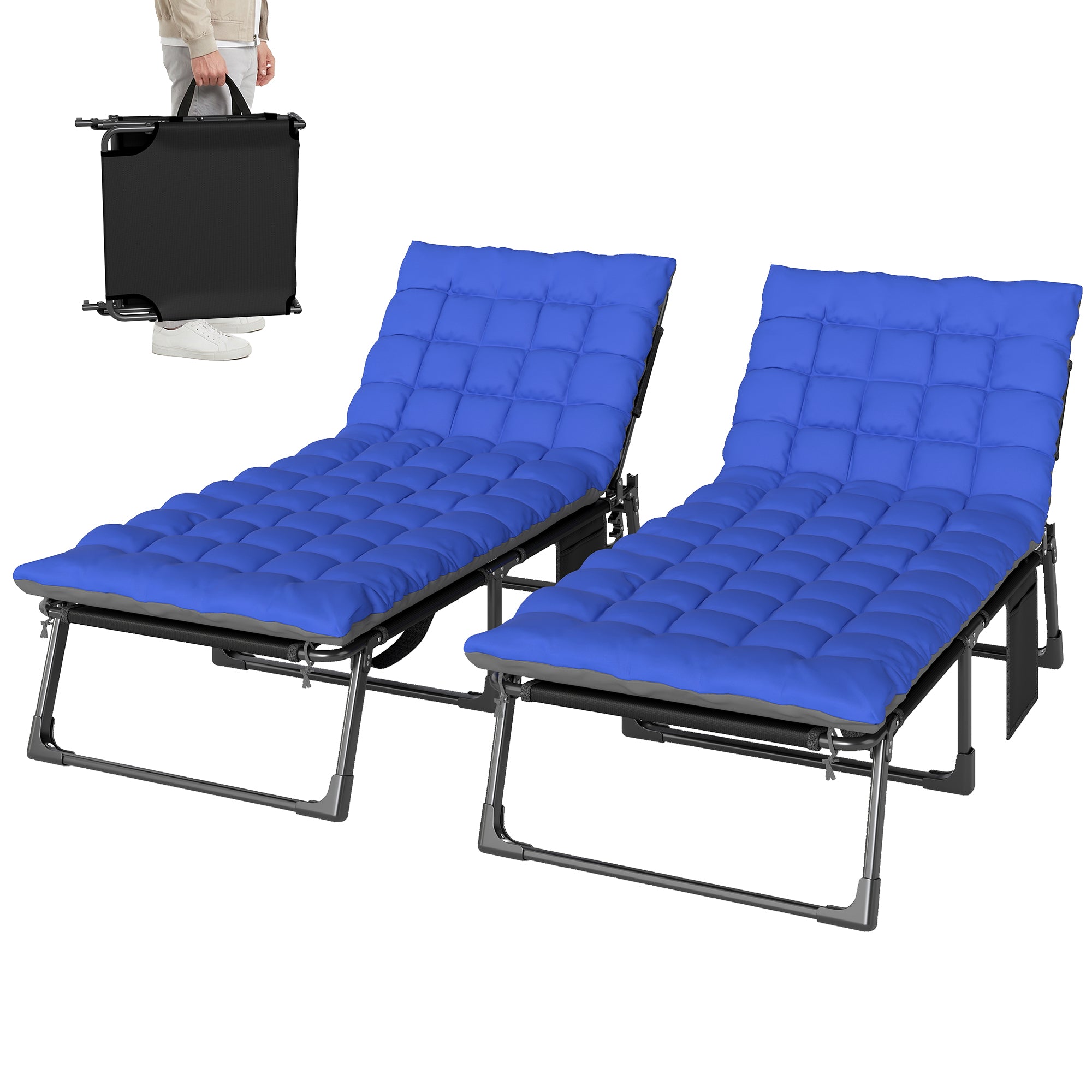 Aosom Folding Chaise Lounge Chair Set of 2 - Grey/Blue-DECOROLALA