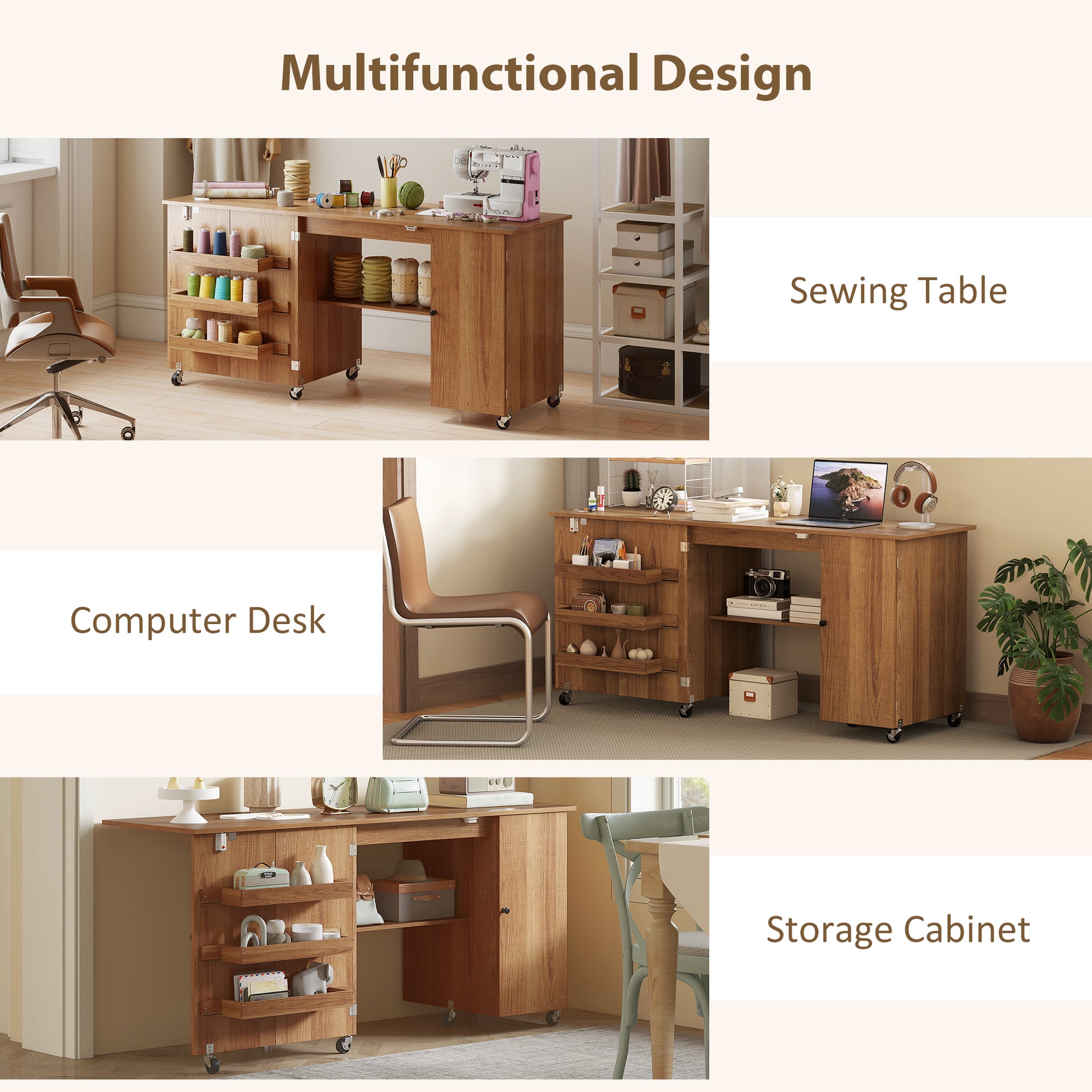 Aosom Folding Sewing Machine Table - Brown Wood Grain-DECOROLALA