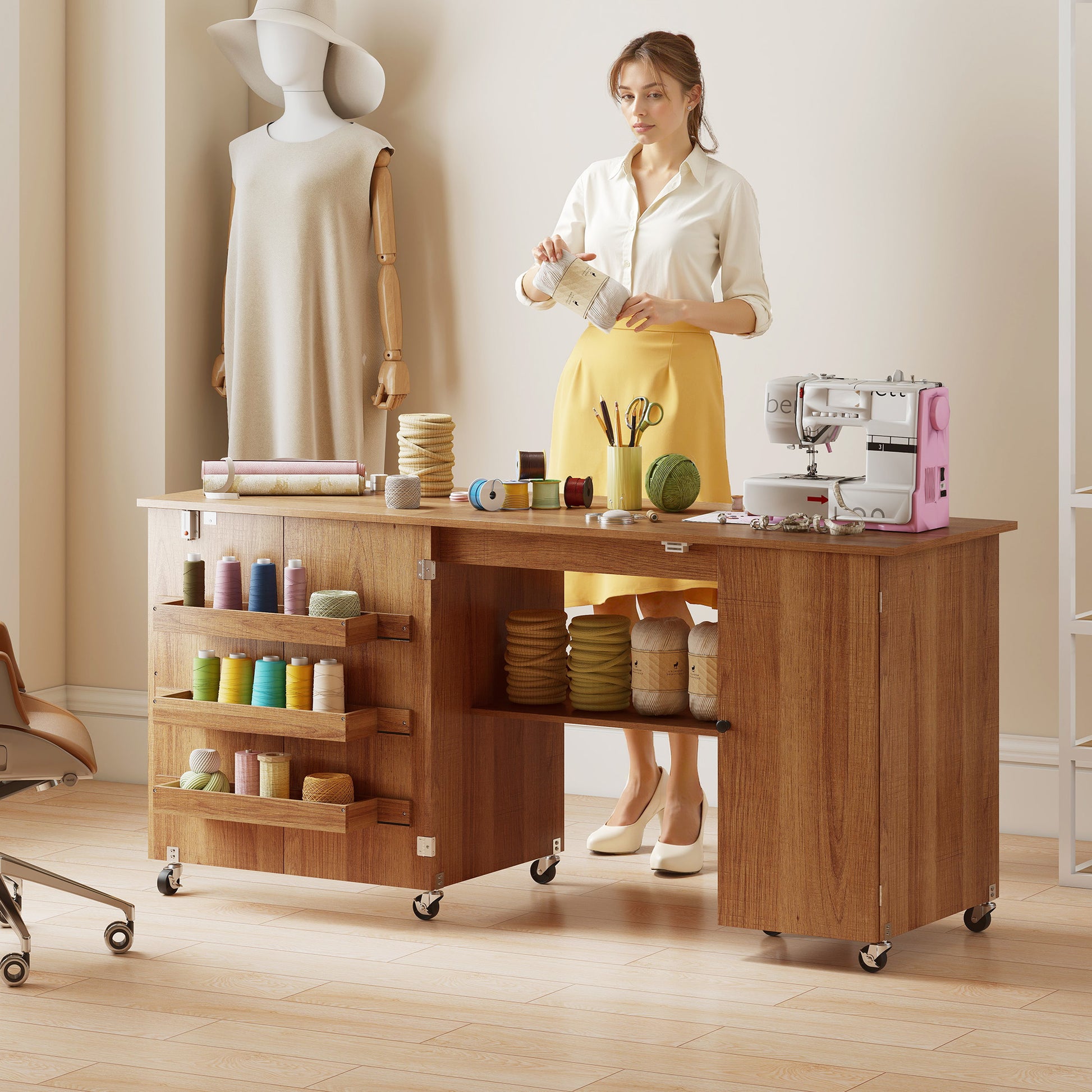 Aosom Folding Sewing Machine Table - Brown Wood Grain-DECOROLALA