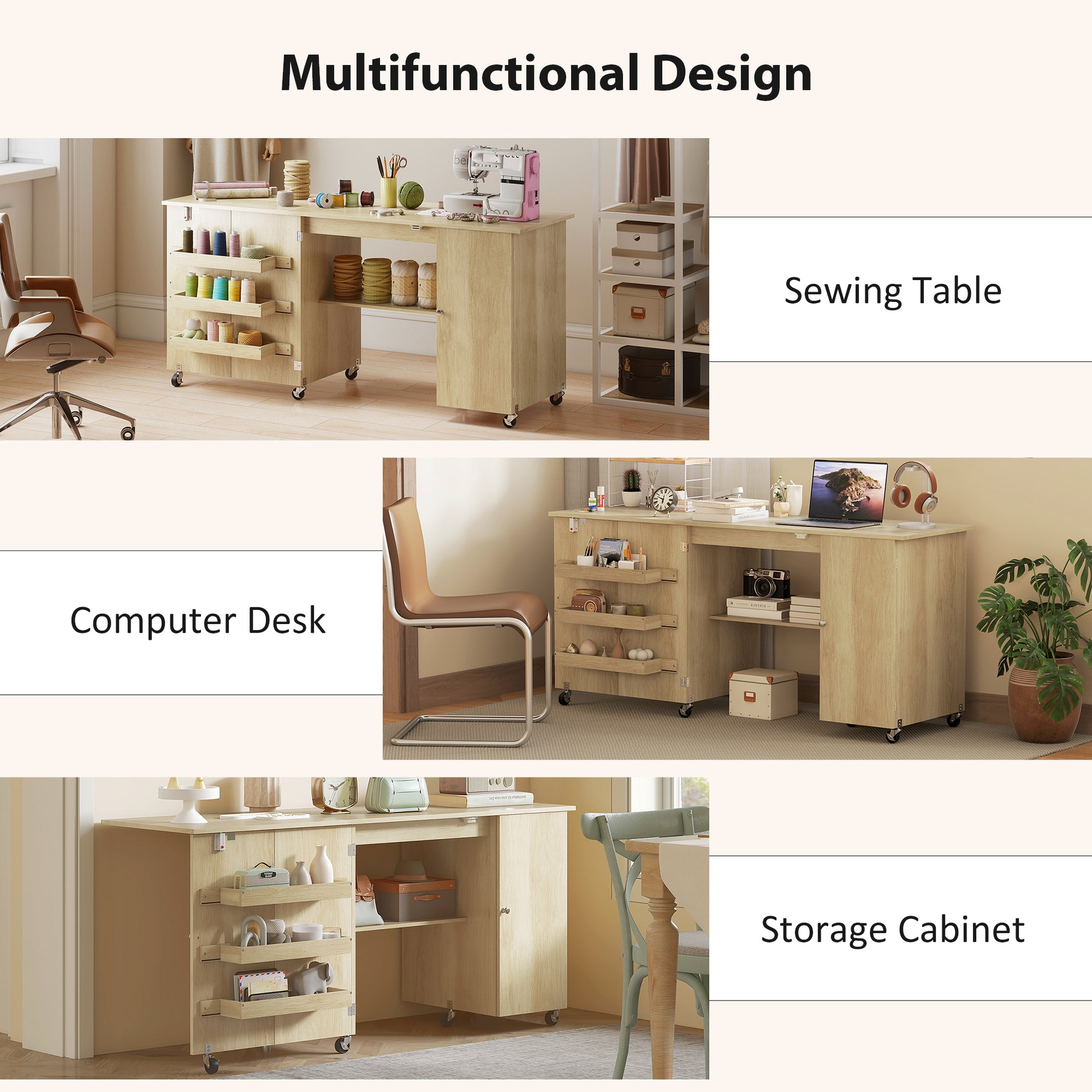 Aosom Folding Sewing Machine Table with Drop Leaf - Natural-DECOROLALA