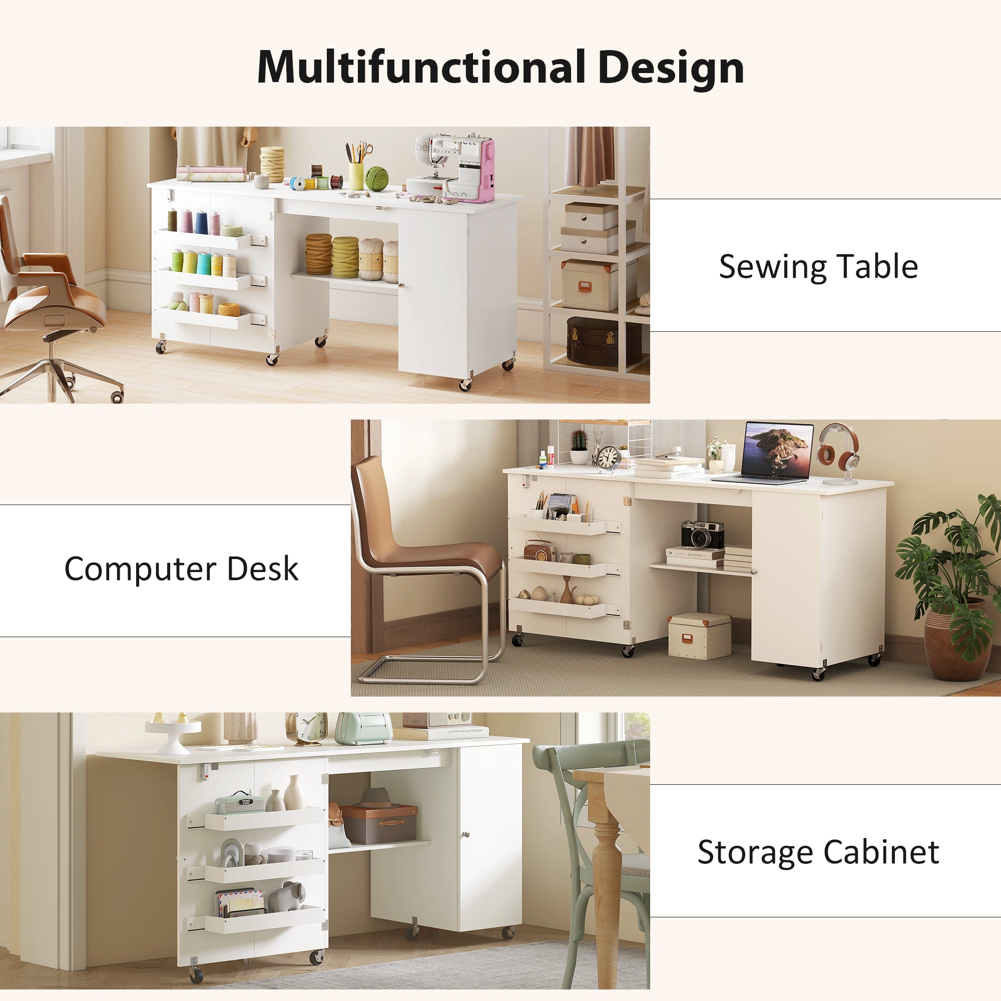 Aosom Folding Sewing Machine Table with Drop Leaf - White-DECOROLALA