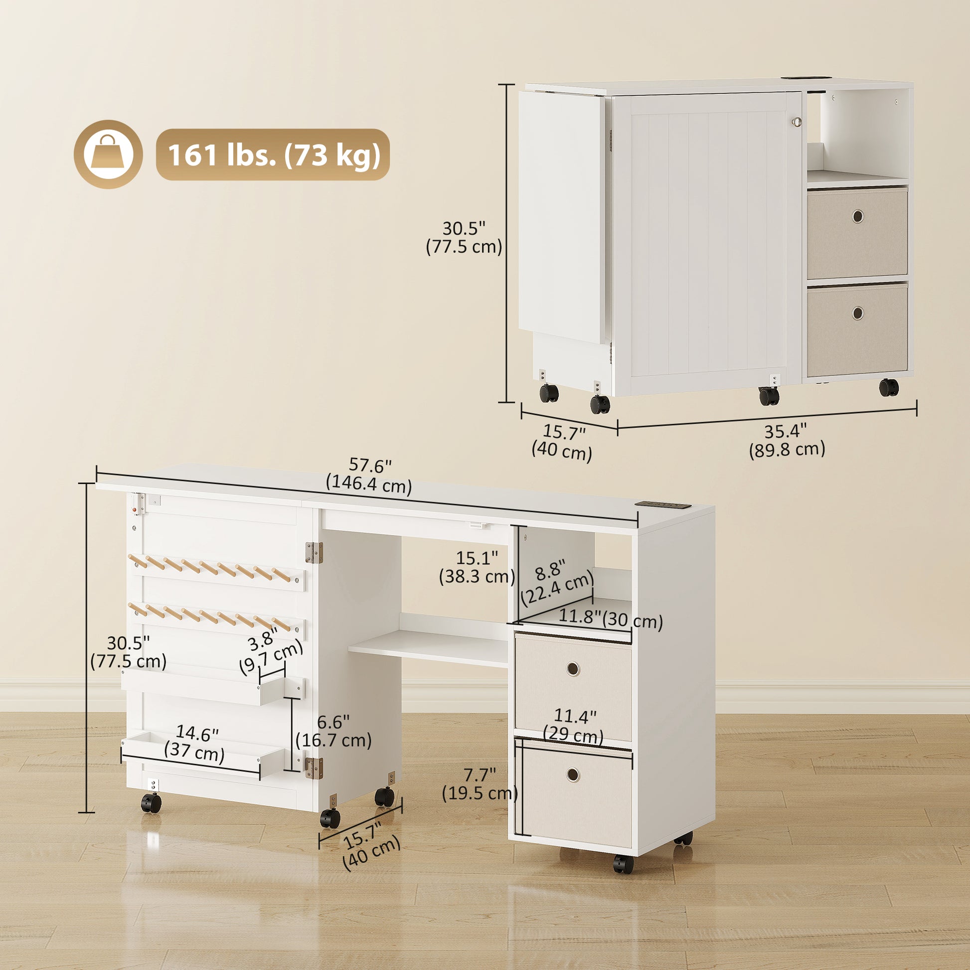Aosom Folding Sewing Machine Table with Power Outlet - White-DECOROLALA