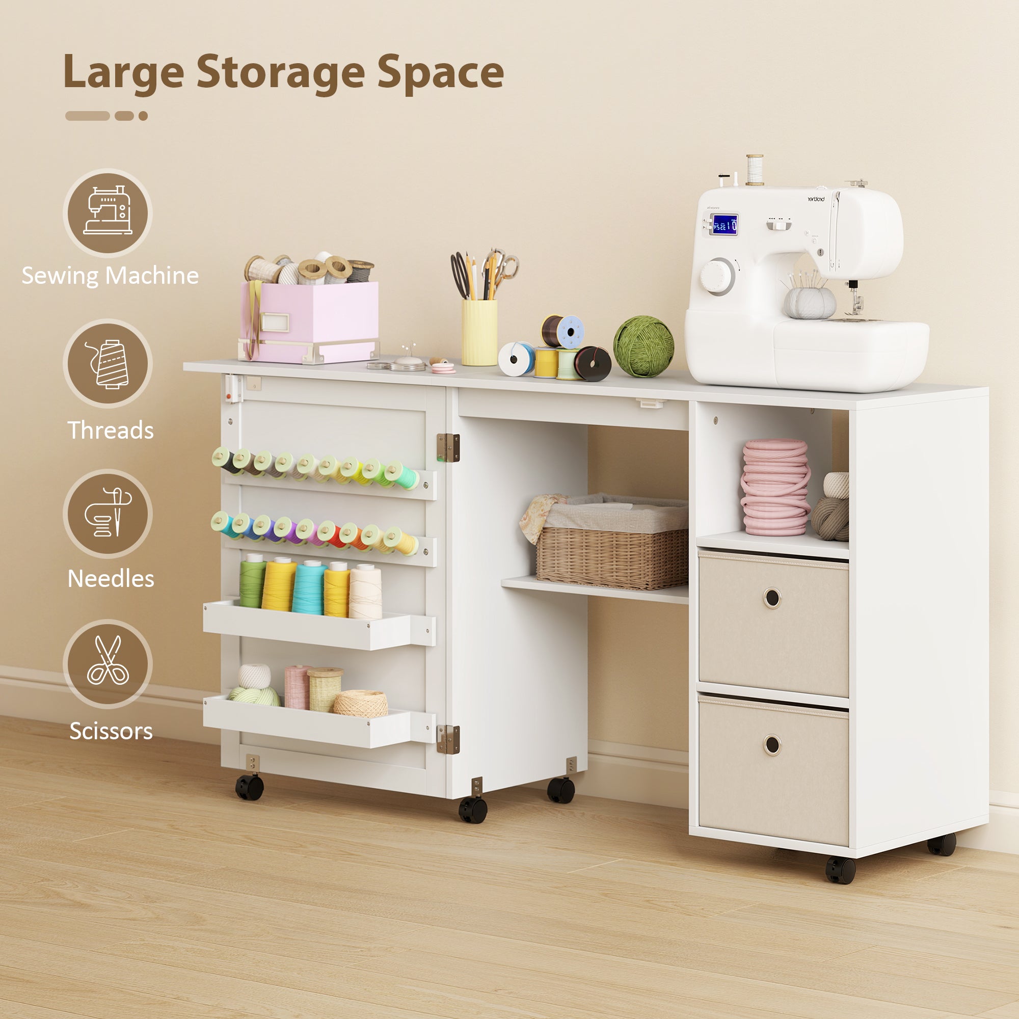 Aosom Folding Sewing Machine Table with Power Outlet - White-DECOROLALA