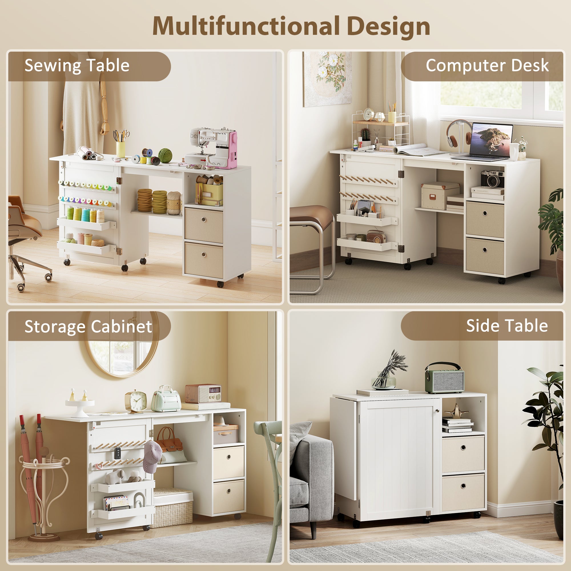 Aosom Folding Sewing Machine Table with Power Outlet - White-DECOROLALA