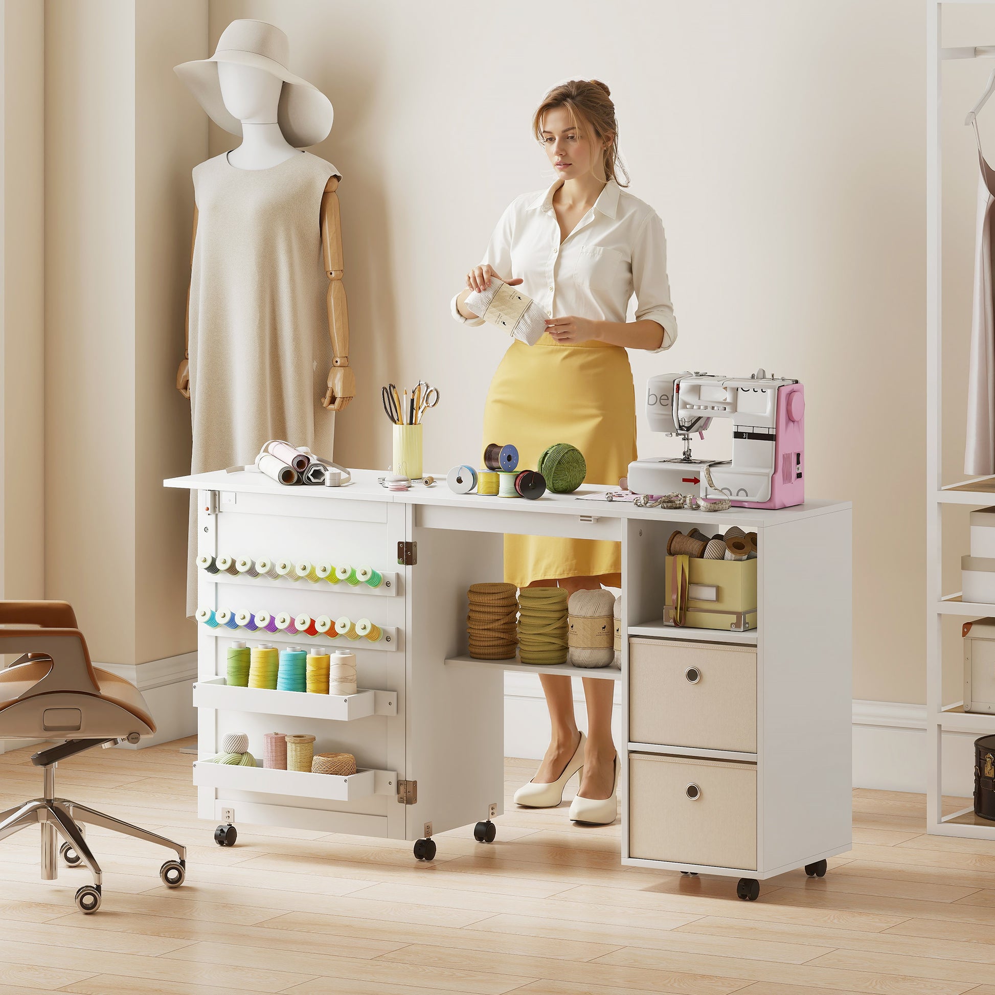 Aosom Folding Sewing Machine Table with Power Outlet - White-DECOROLALA