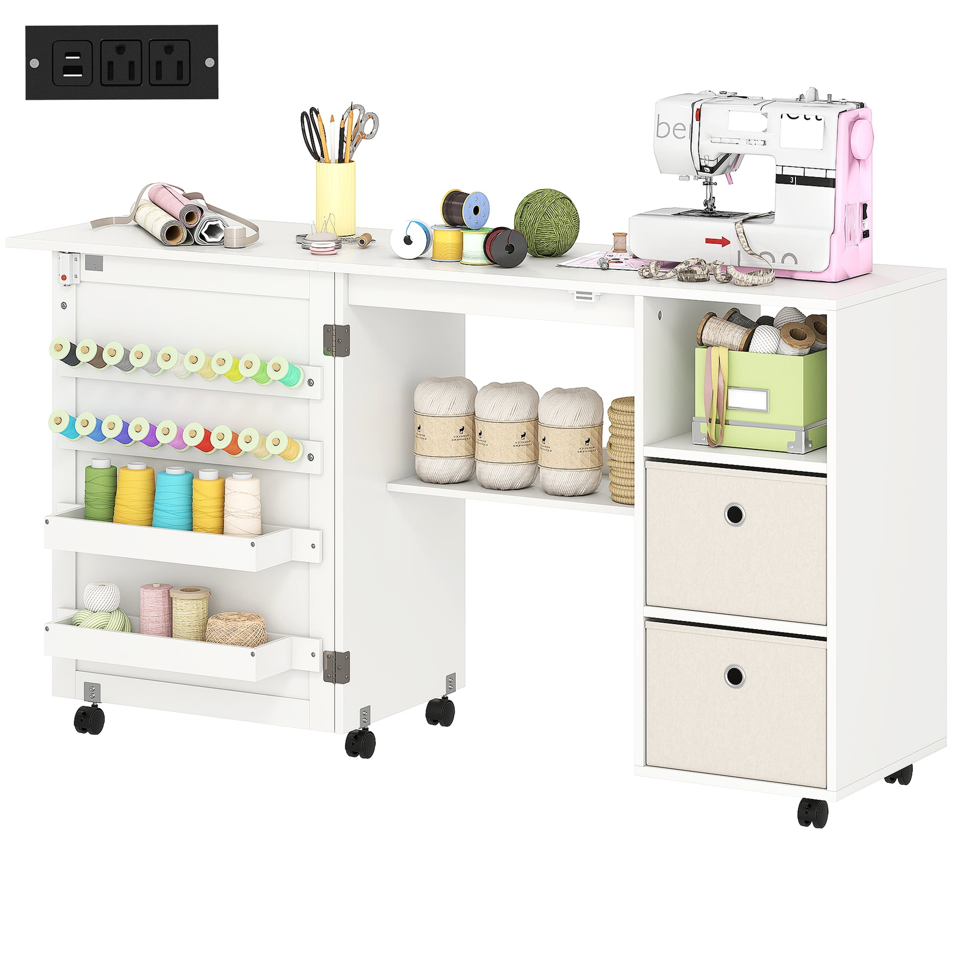 Aosom Folding Sewing Machine Table with Power Outlet - White-DECOROLALA