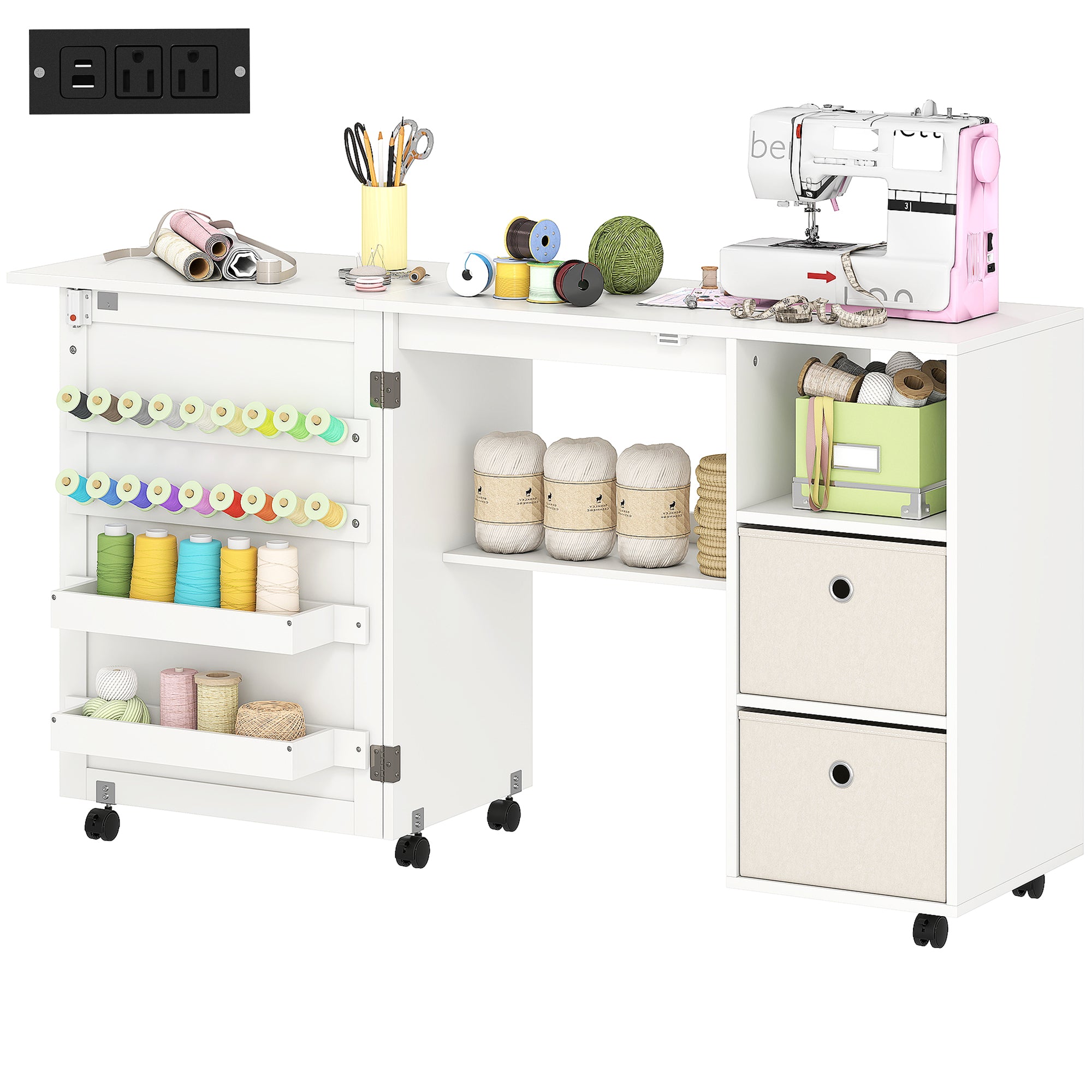 Aosom Folding Sewing Machine Table with Power Outlet - White-DECOROLALA