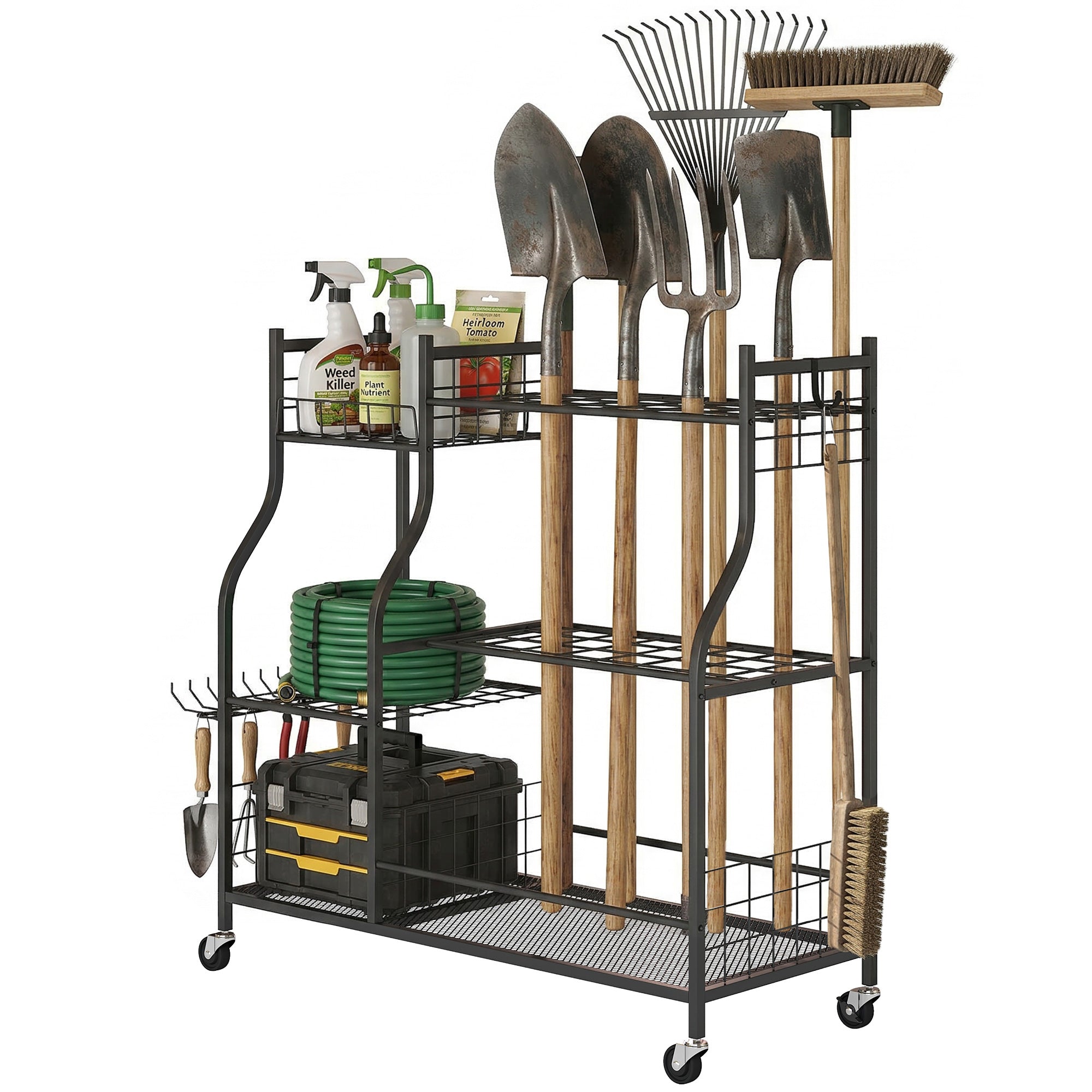 Aosom Garden Tool Organizer - 3-Tier Rolling Storage Rack Black-Patio & Garden > Lawn & Garden > Garden Accessories-DECOROLALA