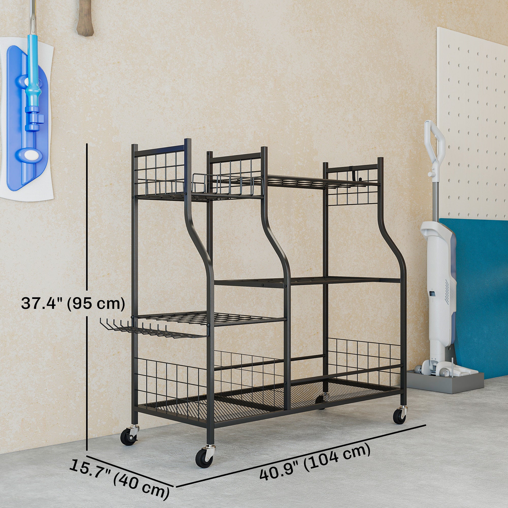 Aosom Garden Tool Organizer - 3-Tier Rolling Storage Rack Black-Patio & Garden > Lawn & Garden > Garden Accessories-DECOROLALA