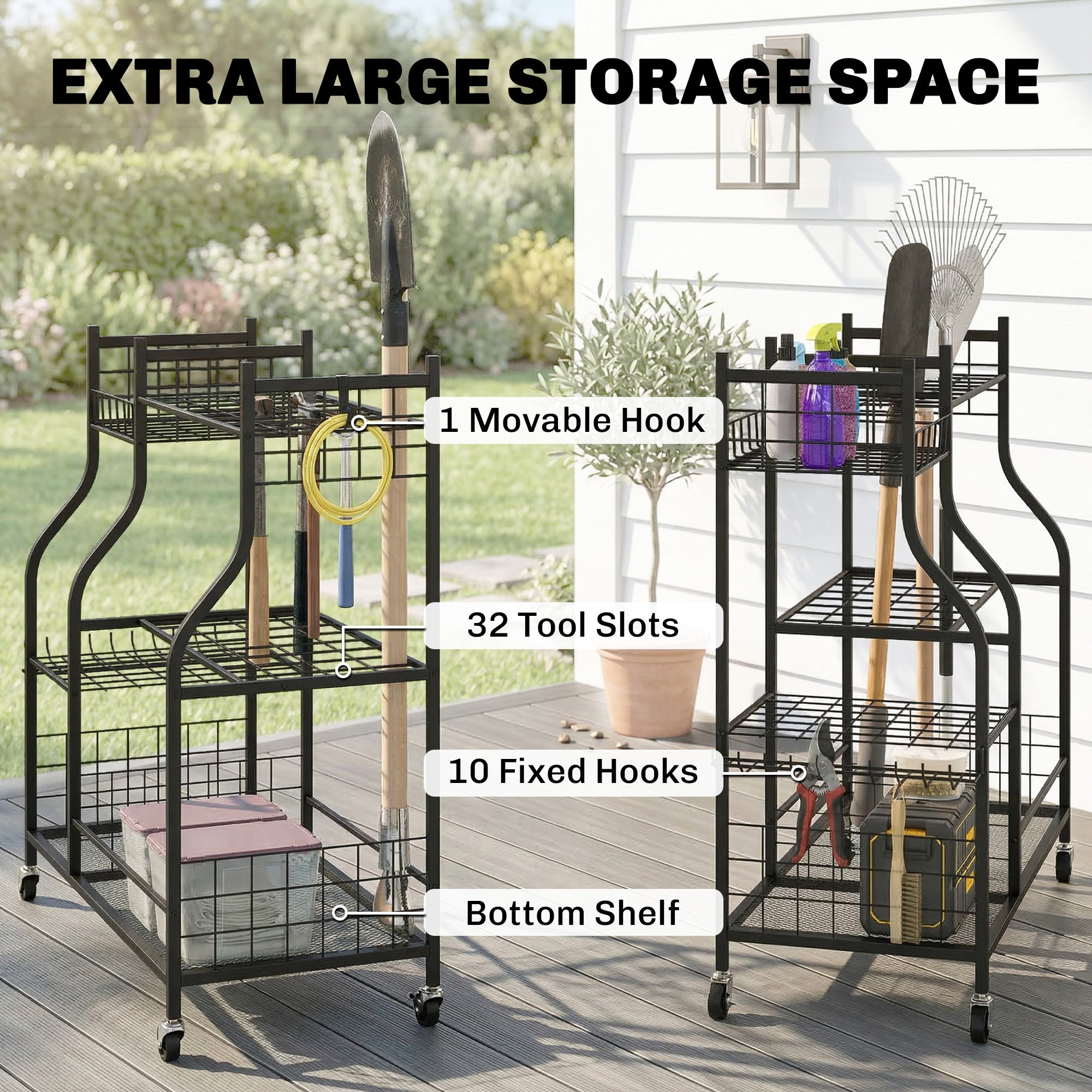 Aosom Garden Tool Organizer - 3-Tier Rolling Storage Rack Black-Patio & Garden > Lawn & Garden > Garden Accessories-DECOROLALA