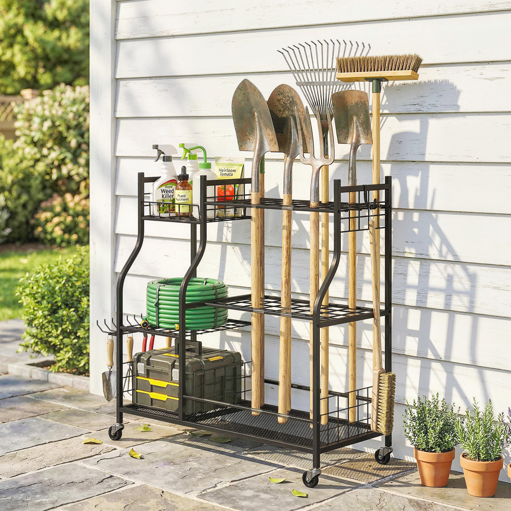 Aosom Garden Tool Organizer - 3-Tier Rolling Storage Rack Black-Patio & Garden > Lawn & Garden > Garden Accessories-DECOROLALA
