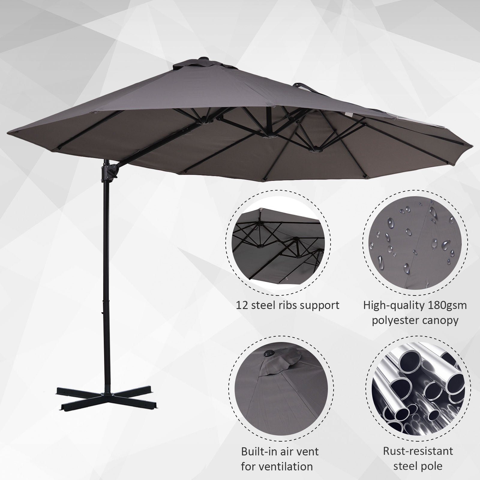 Aosom Grey Offset Patio Umbrella with Twin Canopy Lift Crank Sunshade-DECOROLALA