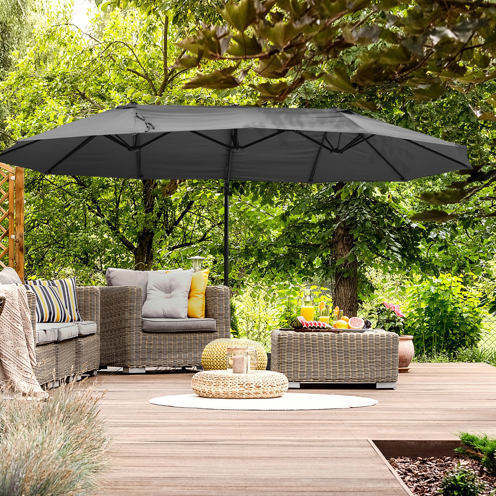 Aosom Grey Offset Patio Umbrella with Twin Canopy Lift Crank Sunshade-DECOROLALA