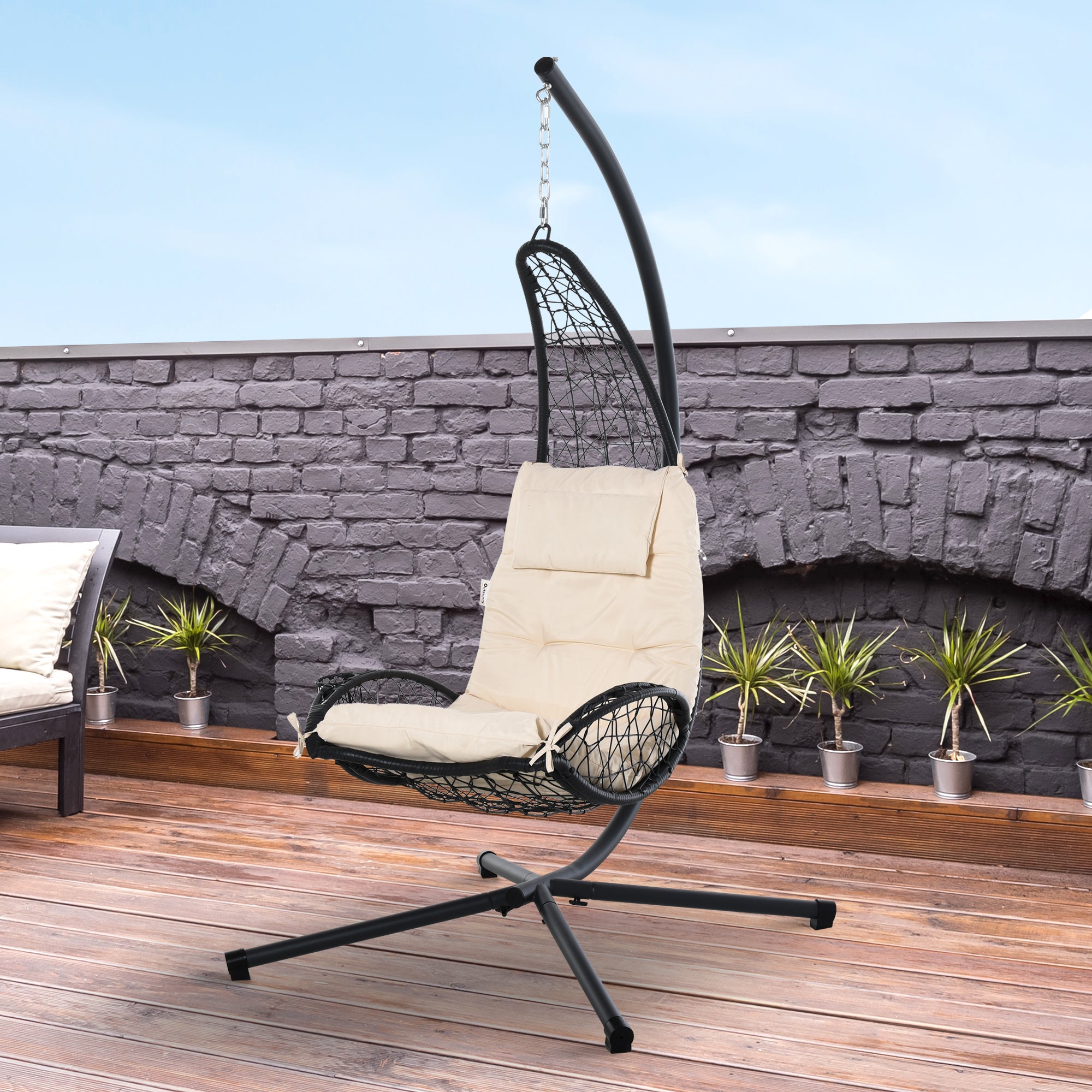 Aosom Hanging Egg Chair with Stand - Beige Cushion-DECOROLALA