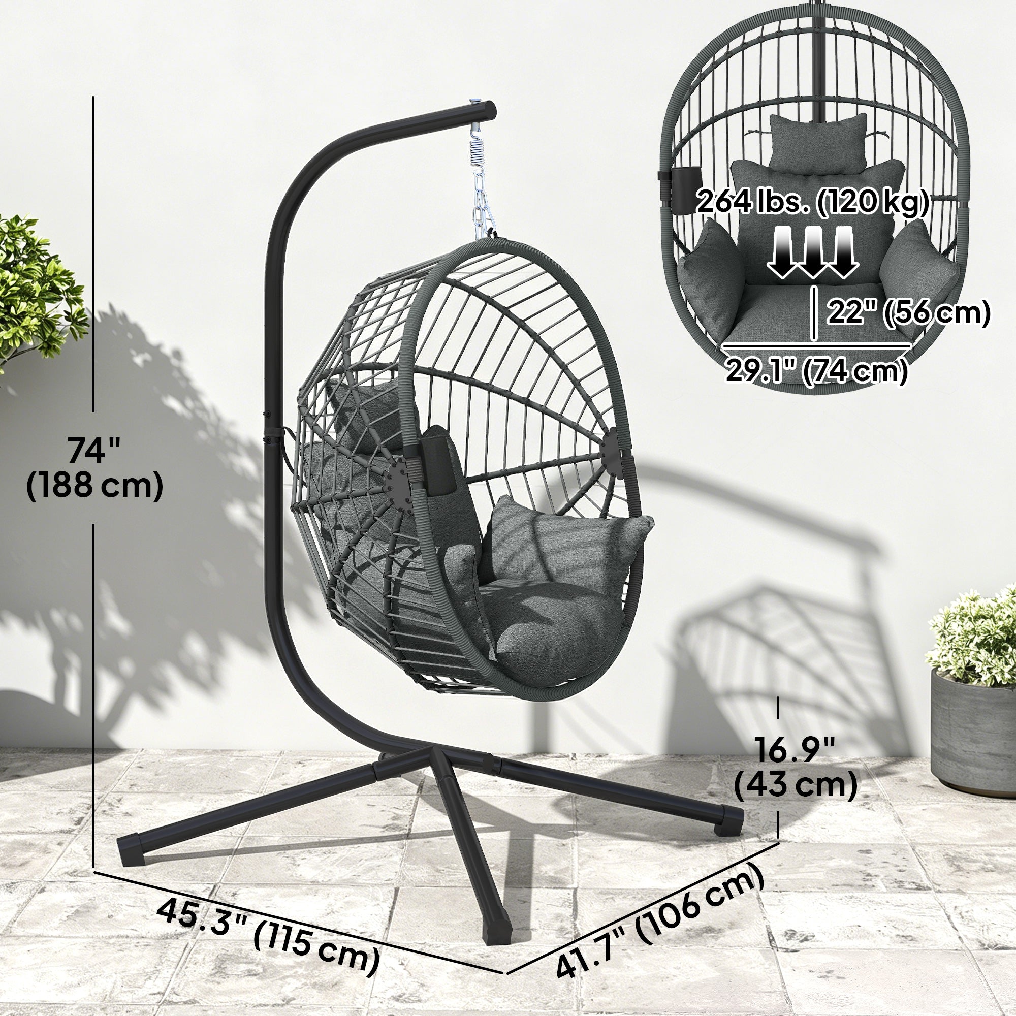 Aosom Hanging Egg Chair with Stand - Grey Padded Seat-DECOROLALA