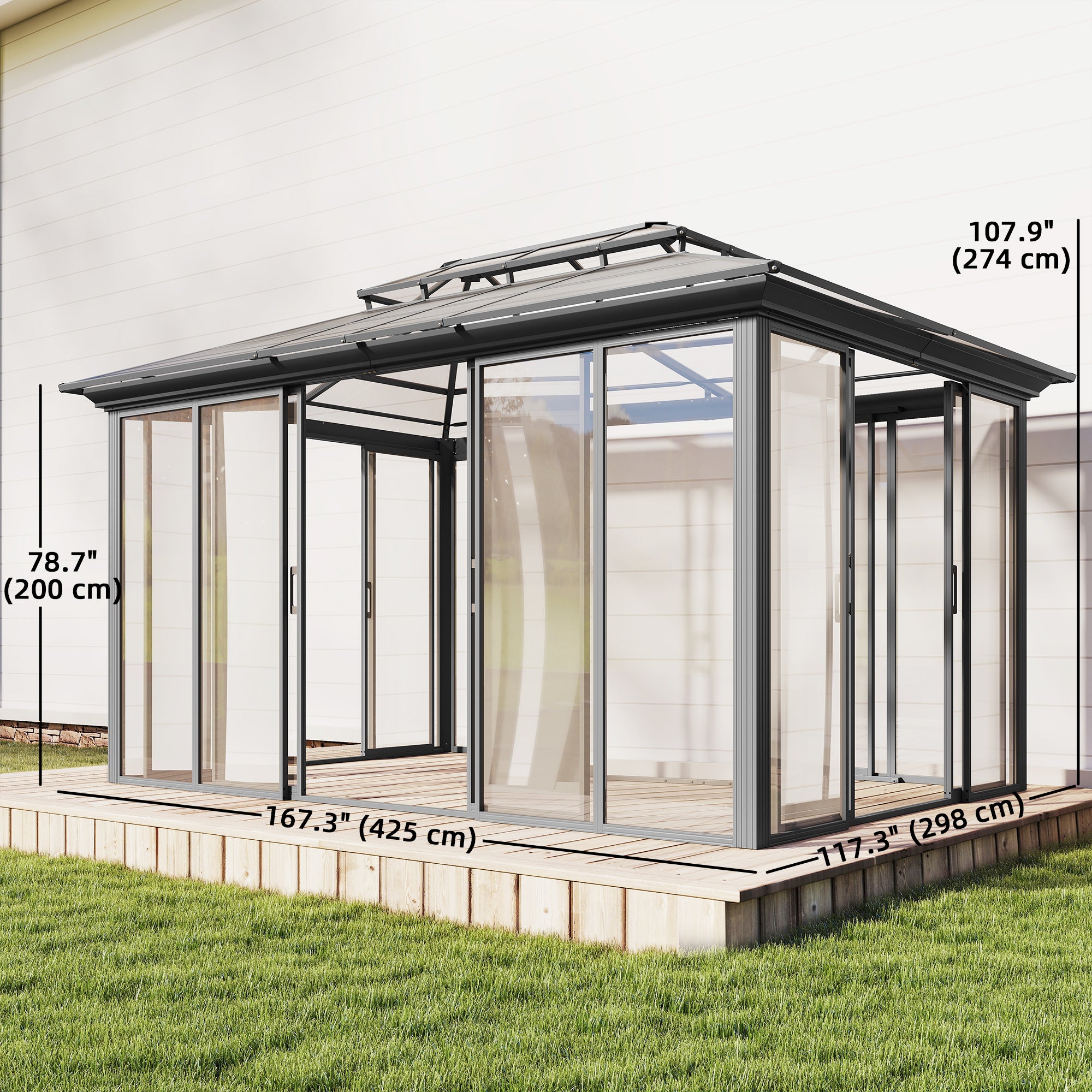 Aosom Hardtop Gazebo 10' x 14' Dark Grey Solarium-DECOROLALA