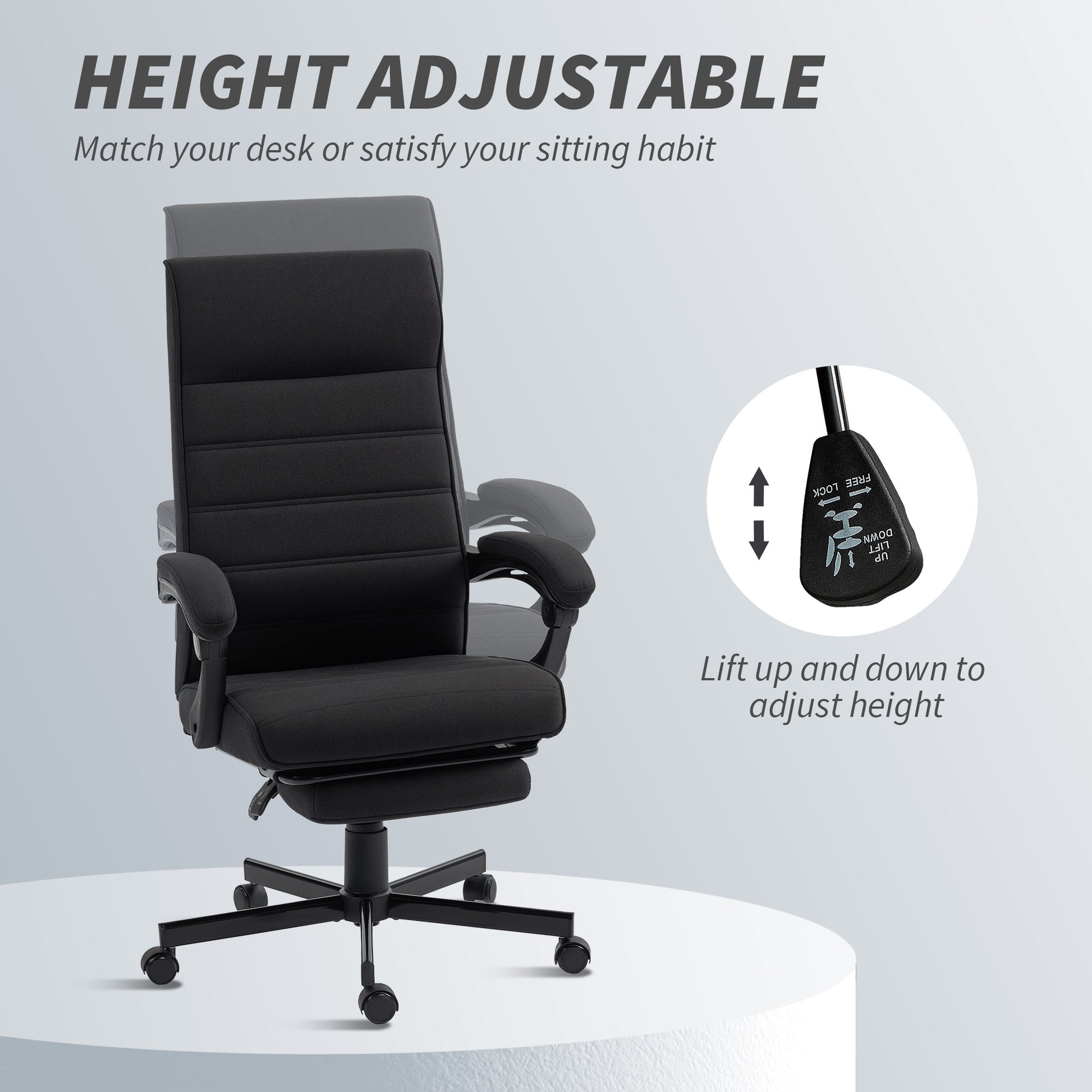 Office Chair, Linen High Back Desk Chair, Swivel Recliner with Adjustable Height, Footrest and Padded Armrest, Black-Office Products > Office Furniture > Office Chairs-DECOROLALA