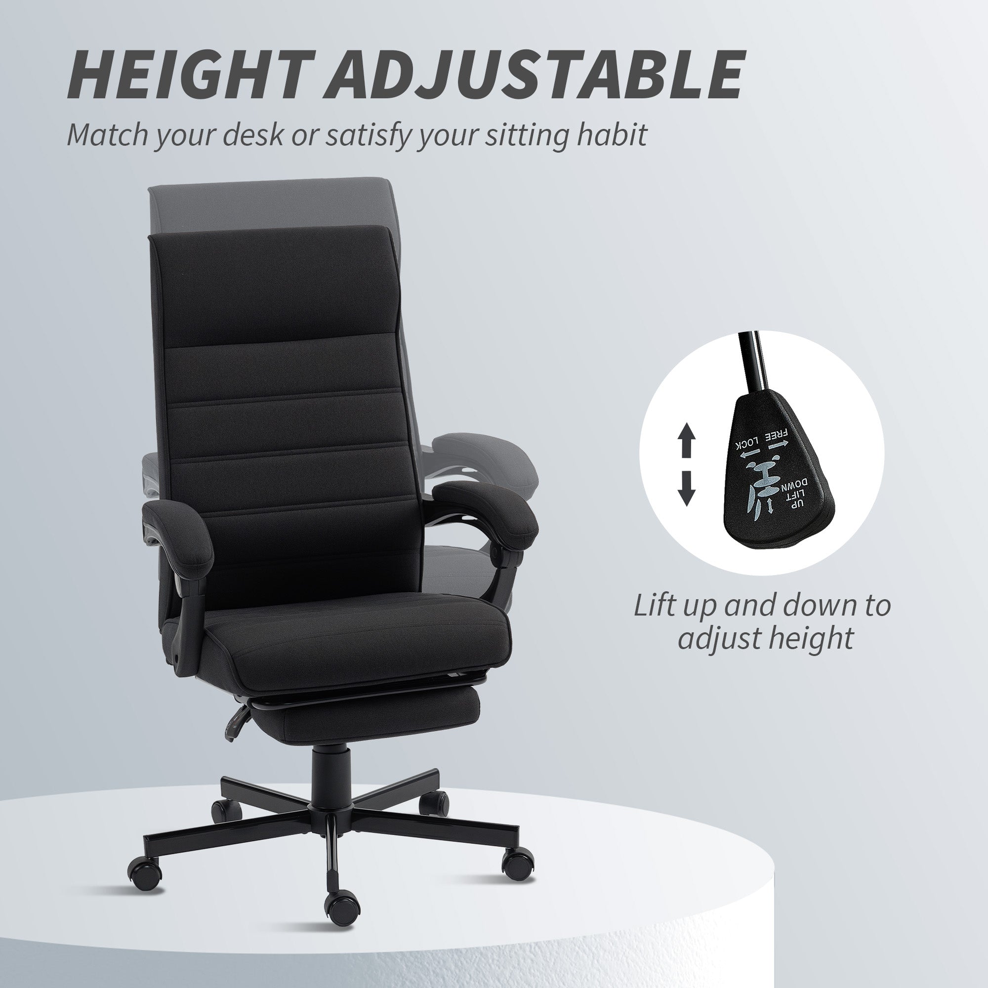 Office Chair, Linen High Back Desk Chair, Swivel Recliner with Adjustable Height, Footrest and Padded Armrest, Black-Office Products > Office Furniture > Office Chairs-DECOROLALA