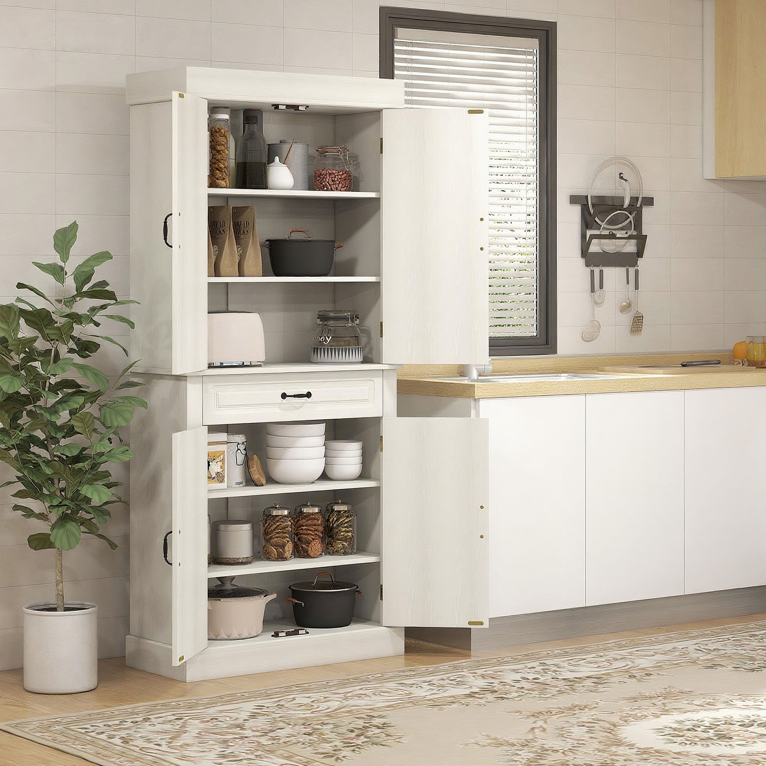 Aosom Kitchen Pantry Cabinet 71" Distressed White-DECOROLALA