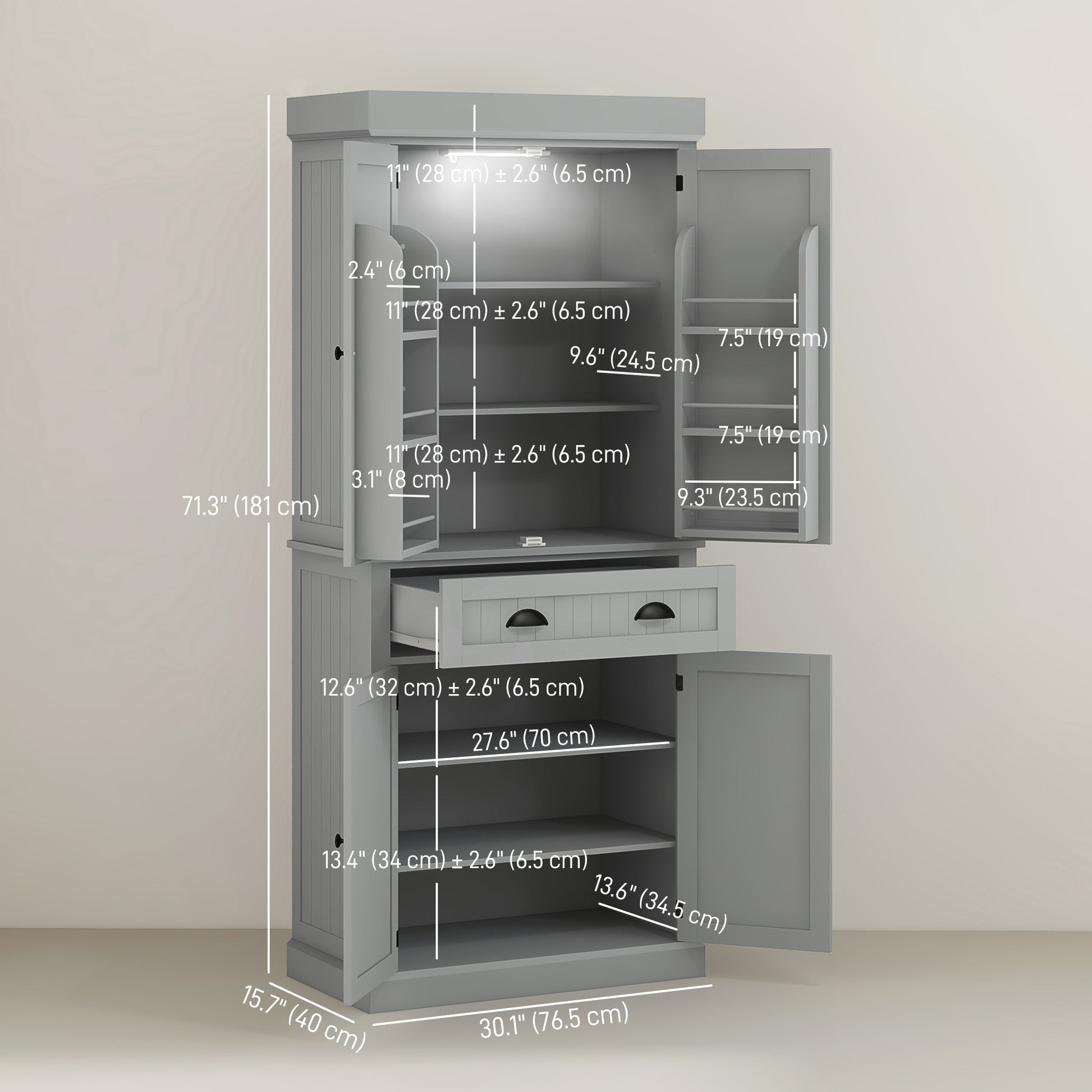 Aosom Kitchen Pantry Cabinet 71" Grey LED Lights-DECOROLALA