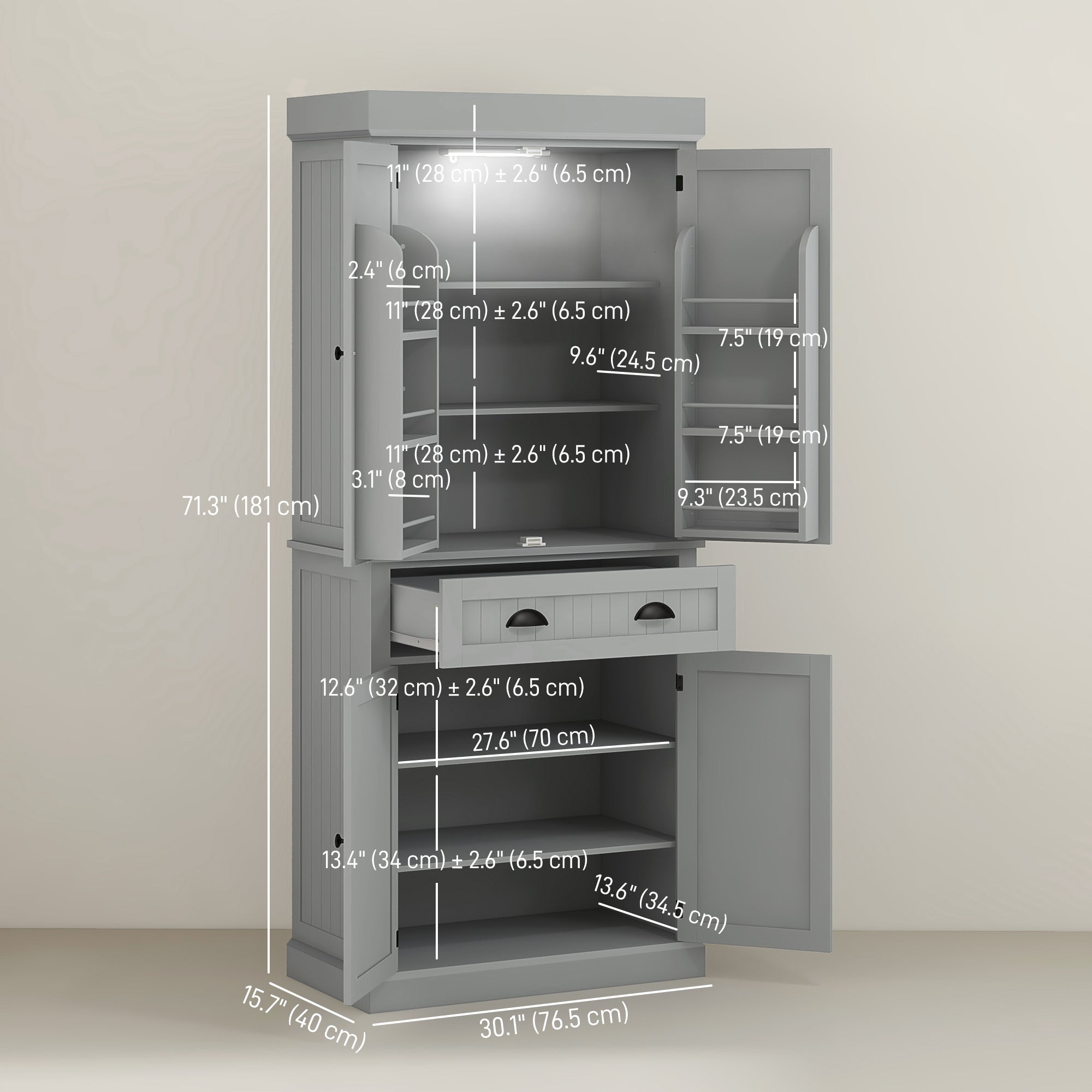 Aosom Kitchen Pantry Cabinet 71" Grey LED Lights-DECOROLALA