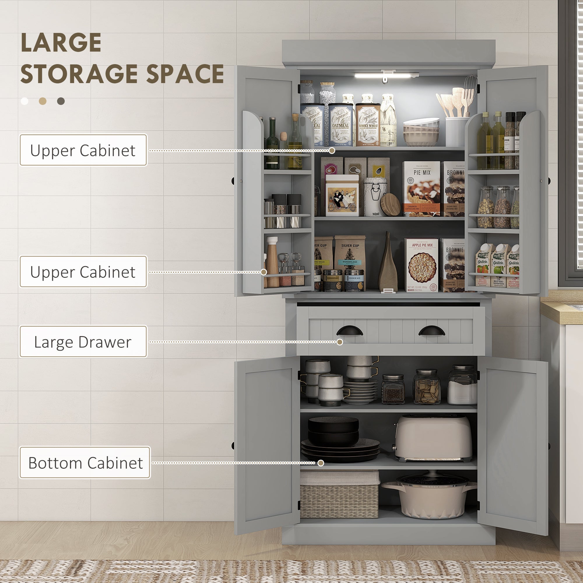 Aosom Kitchen Pantry Cabinet 71" Grey LED Lights-DECOROLALA