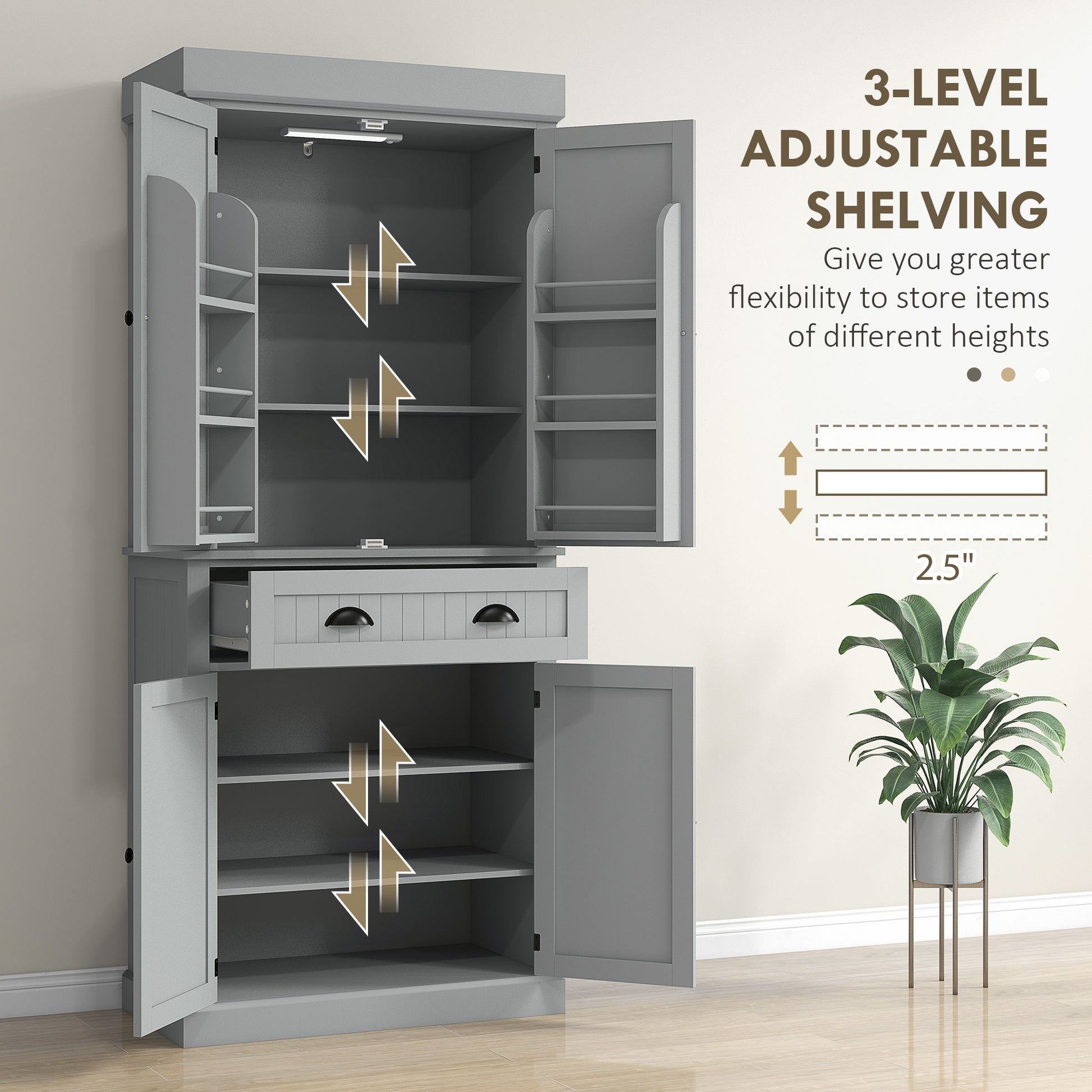 Aosom Kitchen Pantry Cabinet 71" Grey LED Lights-DECOROLALA