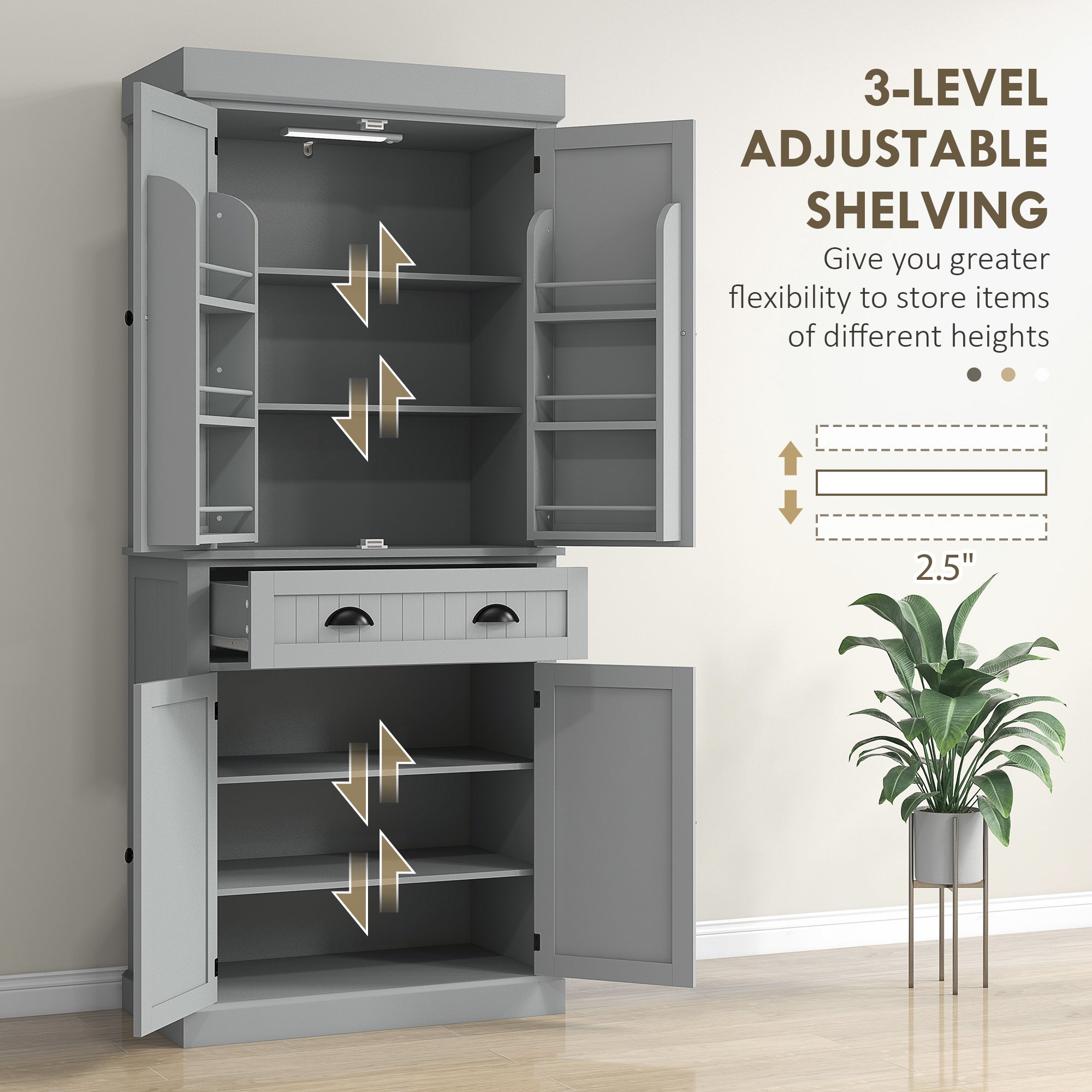 Aosom Kitchen Pantry Cabinet 71" Grey LED Lights-DECOROLALA