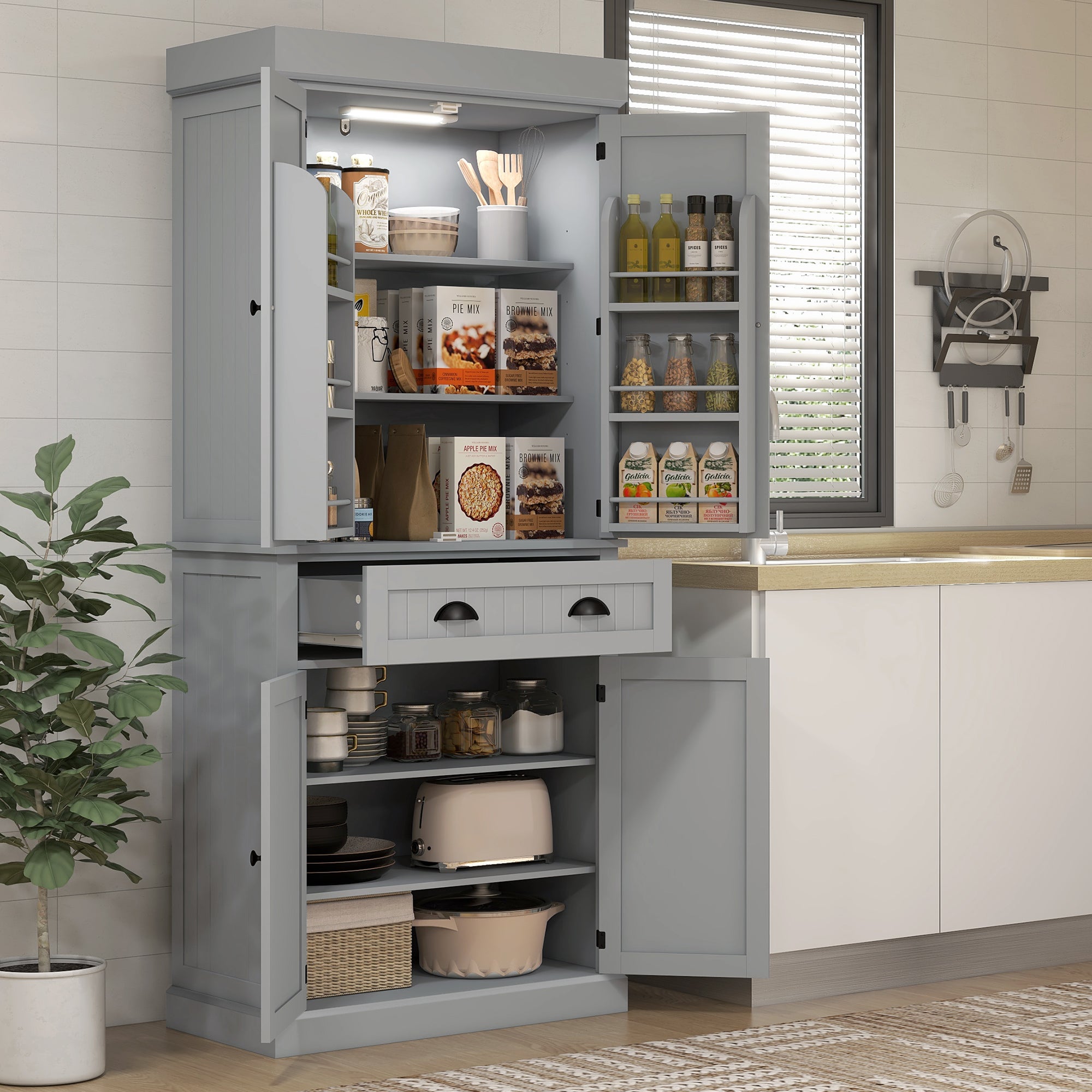 Aosom Kitchen Pantry Cabinet 71" Grey LED Lights-DECOROLALA