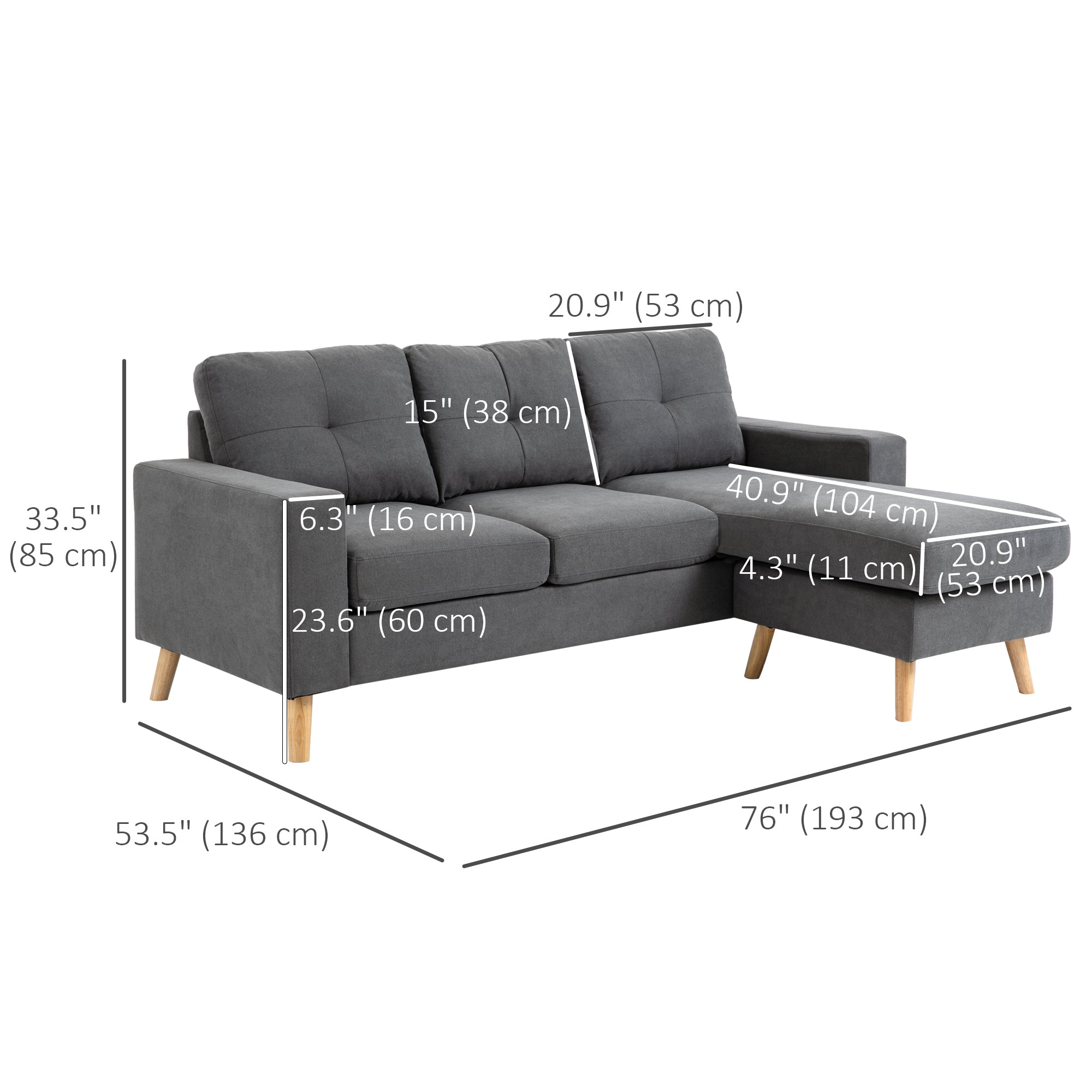 Aosom L-Shaped Sectional Sofa Reversible Chaise Dark Grey-DECOROLALA