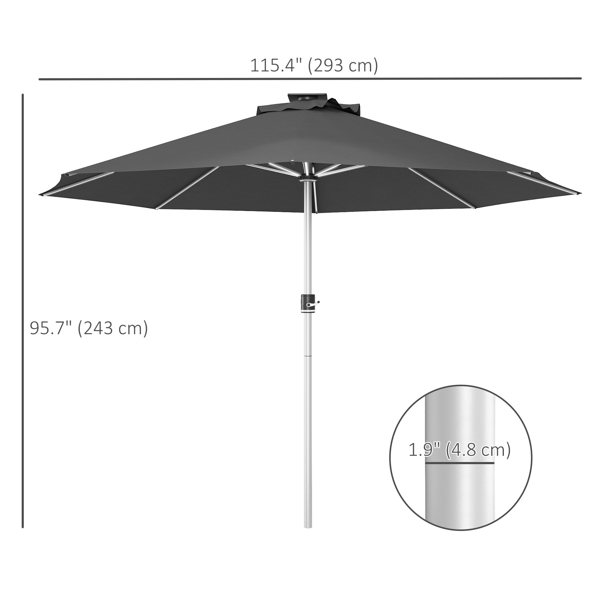 Aosom LED Patio Umbrella 9.6' Solar USB Charcoal-DECOROLALA
