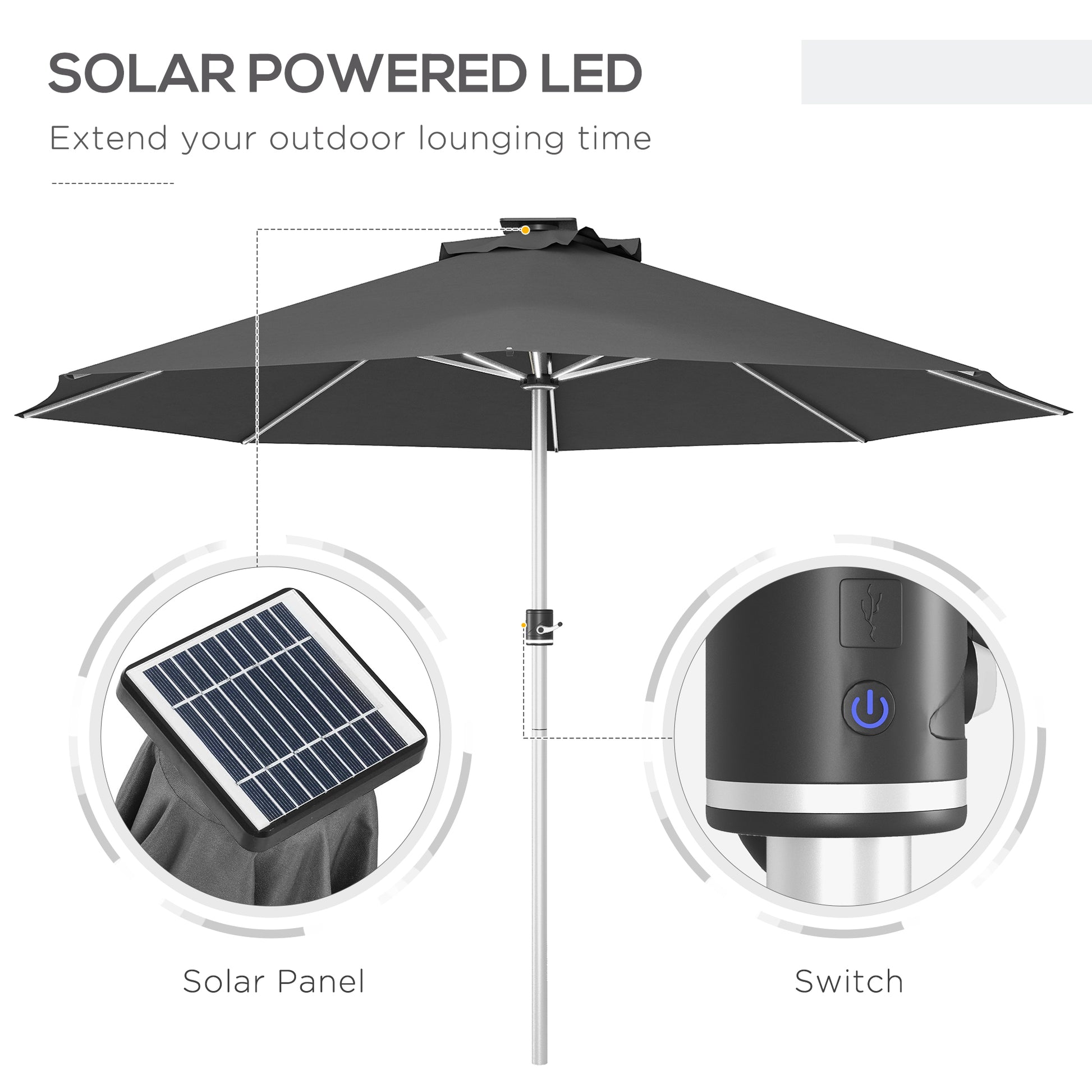 Aosom LED Patio Umbrella 9.6' Solar USB Charcoal-DECOROLALA