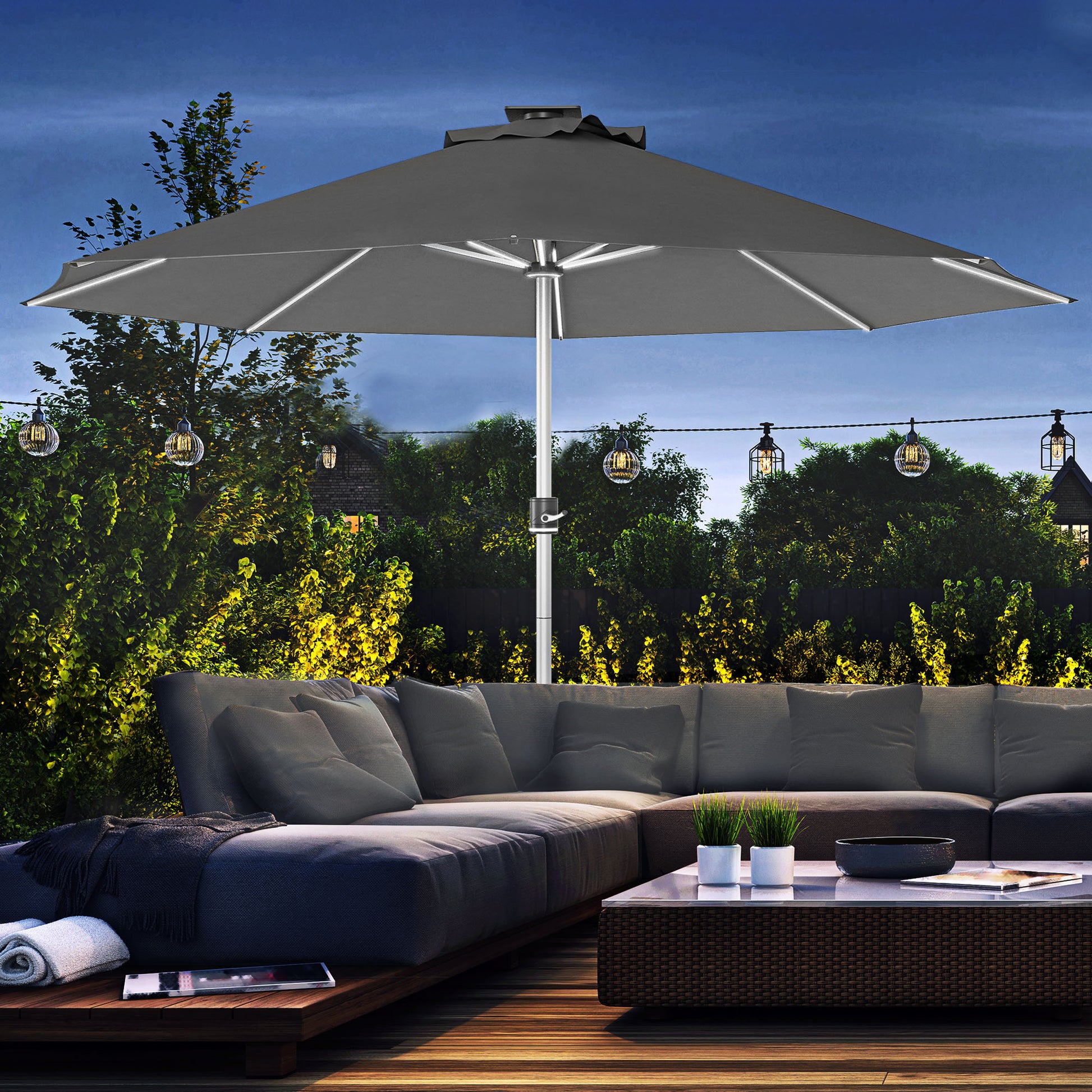 Aosom LED Patio Umbrella 9.6' Solar USB Charcoal-DECOROLALA