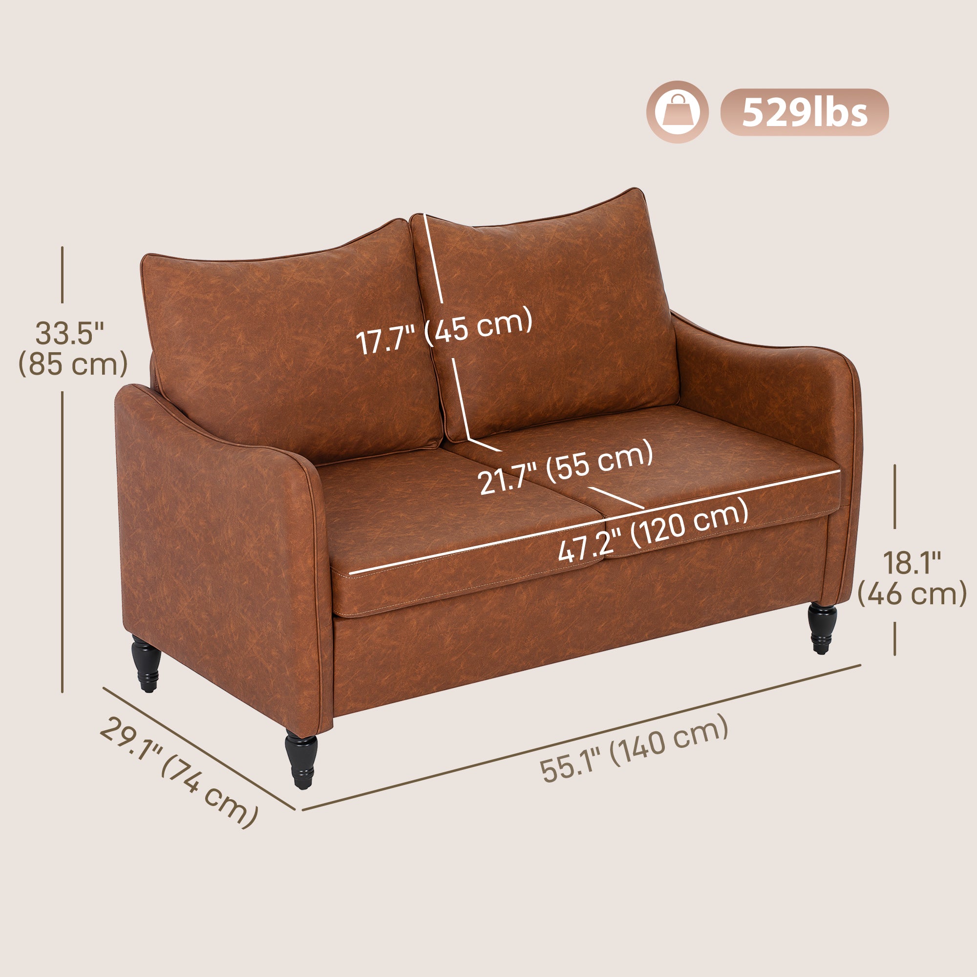 Aosom Loveseat Sofa 55" 2 Seater Brown PU Leather-DECOROLALA