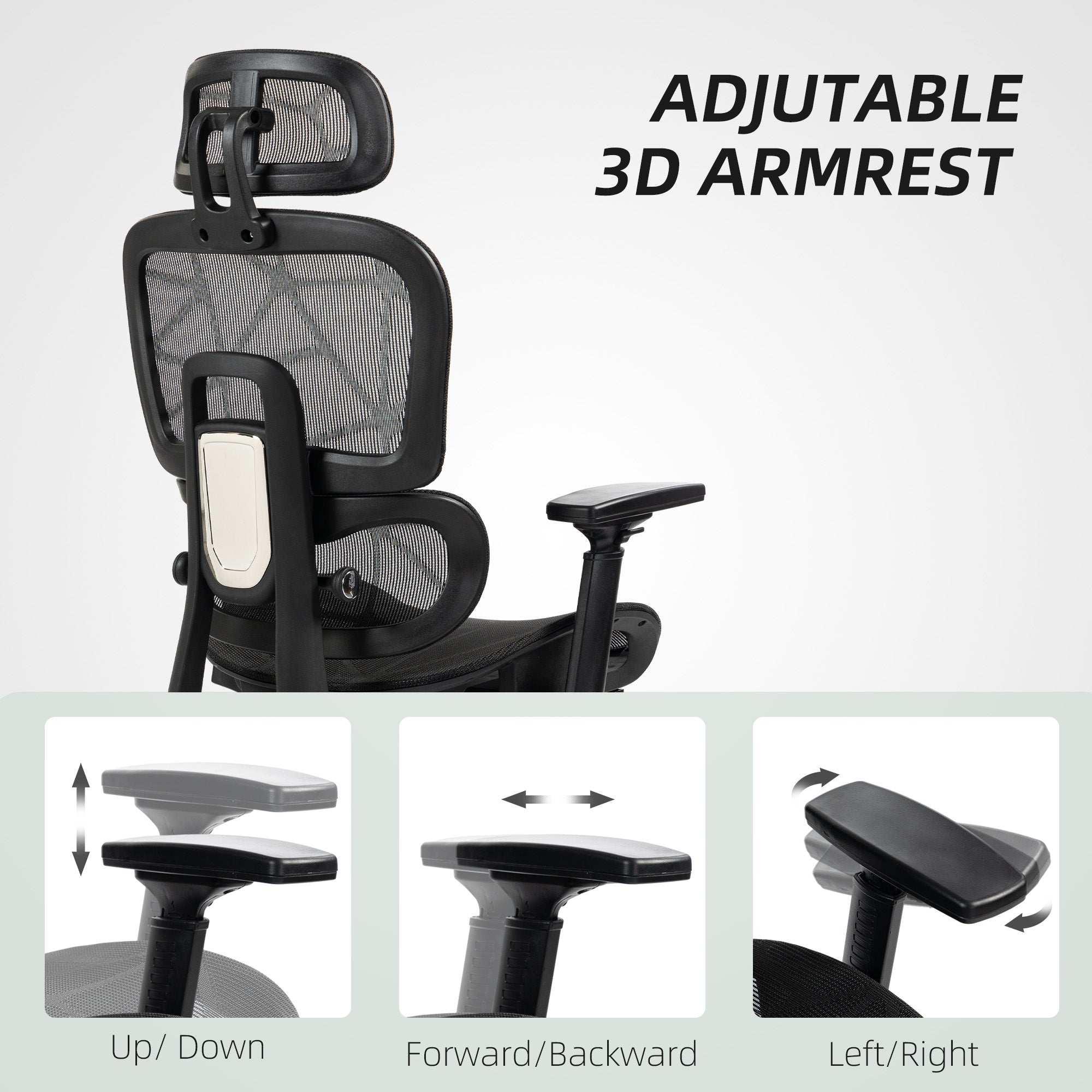 Mesh Office Chair with 3D Armrest, High Back Desk Chair with Lumbar Support, 135¬∞ Reclining, Adjustable Headrest, Black-Office Products > Office Furniture > Office Chairs > Task Chairs-DECOROLALA